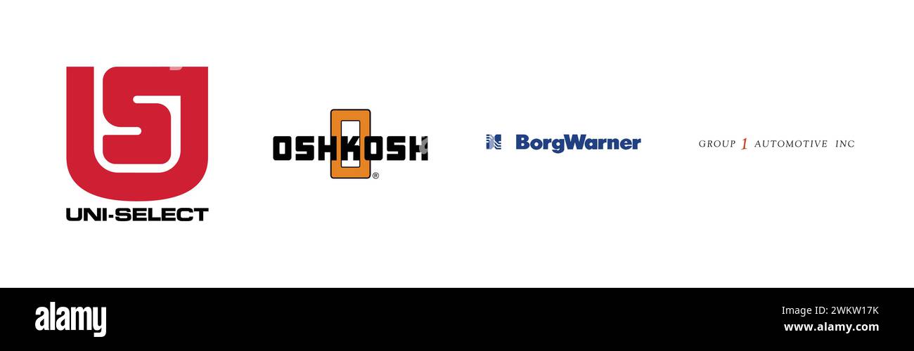 Group 1 Automotive, BorgWarner, Uni Select, Oshkosh,Popular brand logo collection. Stock Vector