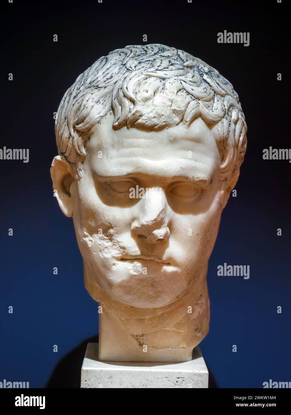 Portrait of Marcus Vipsanius Agrippa - 20-1 BC, Lunense marble -This famous figure, Augustus son in law, is depicted at the moment when his political and military career had attained its maximum splendour. the only man in Augustus's circle who wielded an authority nearly equal to the emperor's, Agrippa is depicted in a great many public settings on coins. this portrait is one of the most noteworthy among those that have been conserved: it belongs to the principal and most widespread type, datable on a stylistic evidence to the early Augustan age - Museo Centrale Montemartini, Rome, Italy Stock Photo