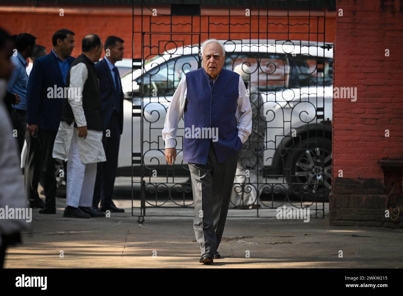 New Delhi, India. 22nd Feb, 2024. NEW DELHI, INDIA - FEBRURAY 22: Kapil Sibal, Senior Lawyer seen during the last rites ceremony of Indian jurist, Fali Sam Nariman at Parsi Cemetery, Khan Market on February 22, 2024 in New Delhi, India. Eminent jurist and senior advocate of the Supreme Court Fali S Nariman has passed passed away in his sleep at his home in New Delhi an hour after midnight Wednesday. He was 95.(Photo by Sanchit Khanna/Hindustan Times/Sipa USA ) Credit: Sipa USA/Alamy Live News Stock Photo