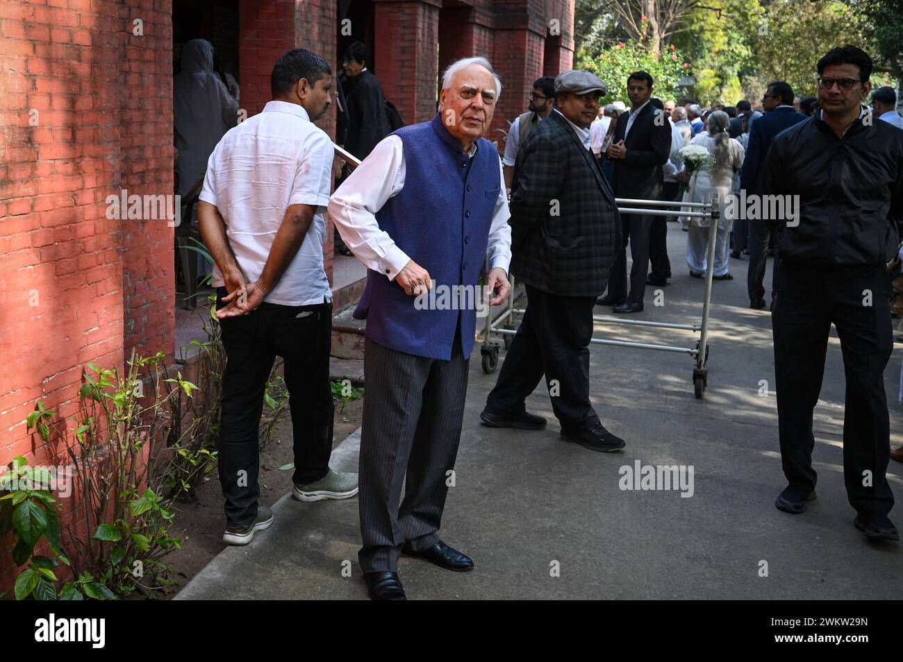 New Delhi, India. 22nd Feb, 2024. NEW DELHI, INDIA - FEBRURAY 22: Kapil Sibal, Senior Lawyer seen during the last rites ceremony of Indian jurist, Fali Sam Nariman at Parsi Cemetery, Khan Market on February 22, 2024 in New Delhi, India. Eminent jurist and senior advocate of the Supreme Court Fali S Nariman has passed passed away in his sleep at his home in New Delhi an hour after midnight Wednesday. He was 95.(Photo by Sanchit Khanna/Hindustan Times/Sipa USA ) Credit: Sipa USA/Alamy Live News Stock Photo