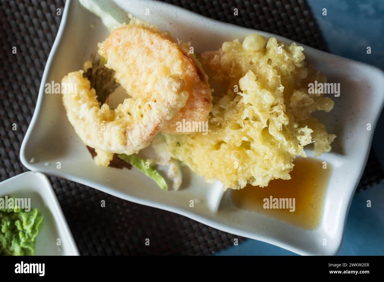 Top view of prepared Japanese vegetable tempura recipe with ginger