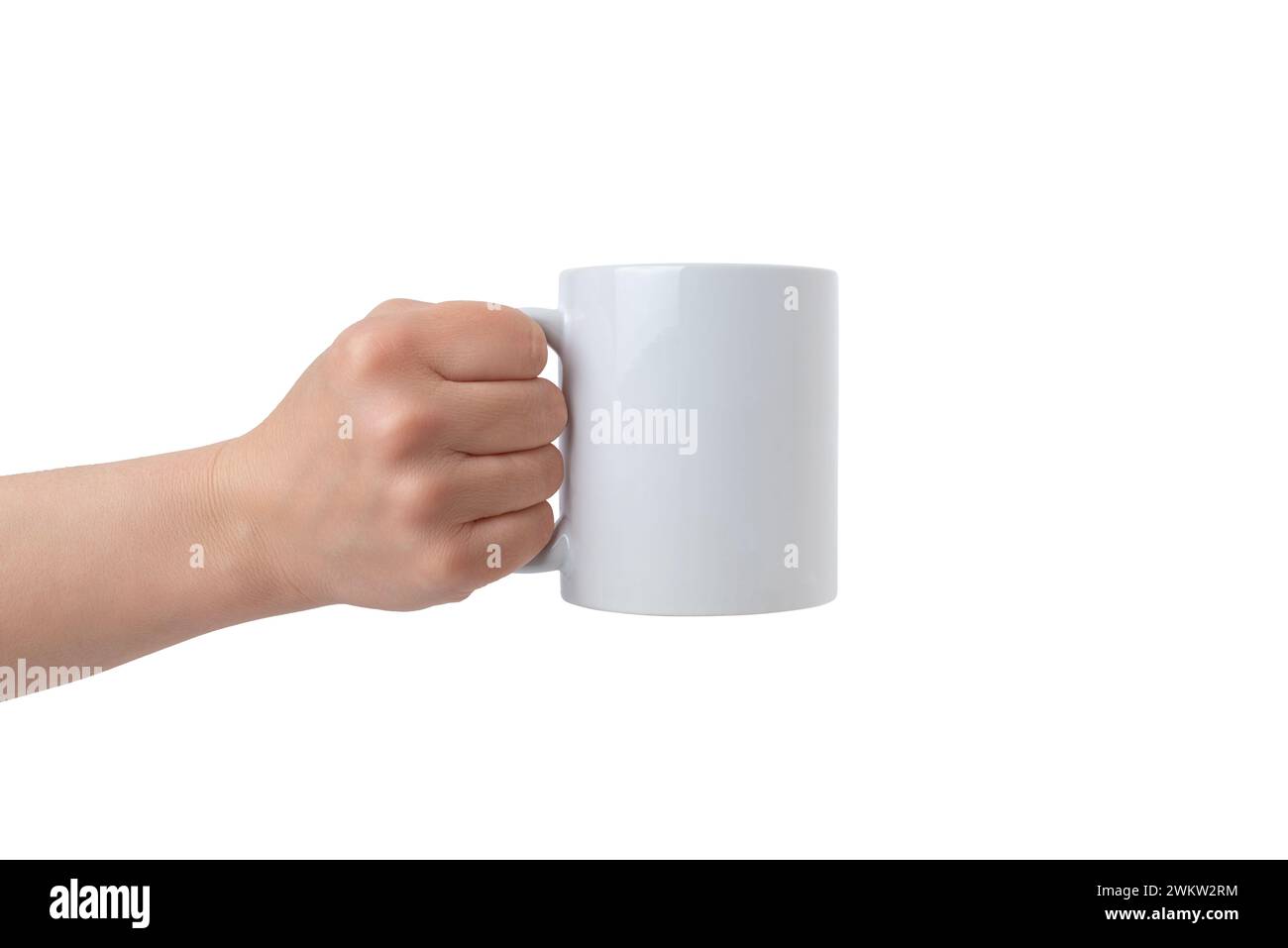 Clean white mug, held by an isolated hand, offers a perfect canvas for Print-on-Demand design promotion. Customizable and versatile Stock Photo