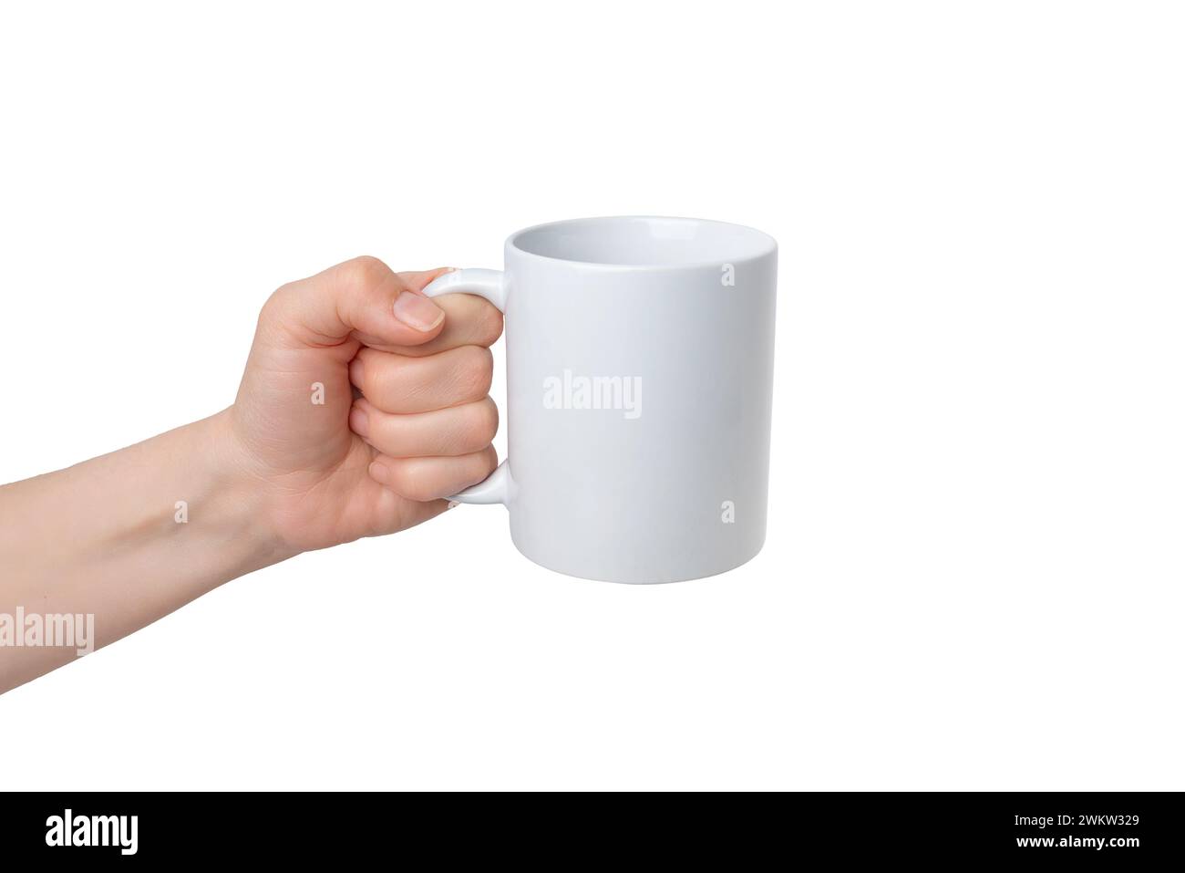 Isolated hand holds a blank white mug, ready for Print-on-Demand design promotion. Versatile, customizable, and ideal for showcasing personalized crea Stock Photo