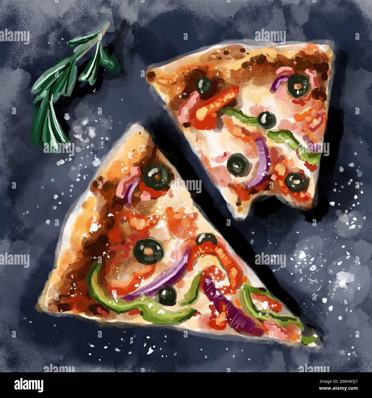 Two slices of pizza with vegetables and cheese. Italian national