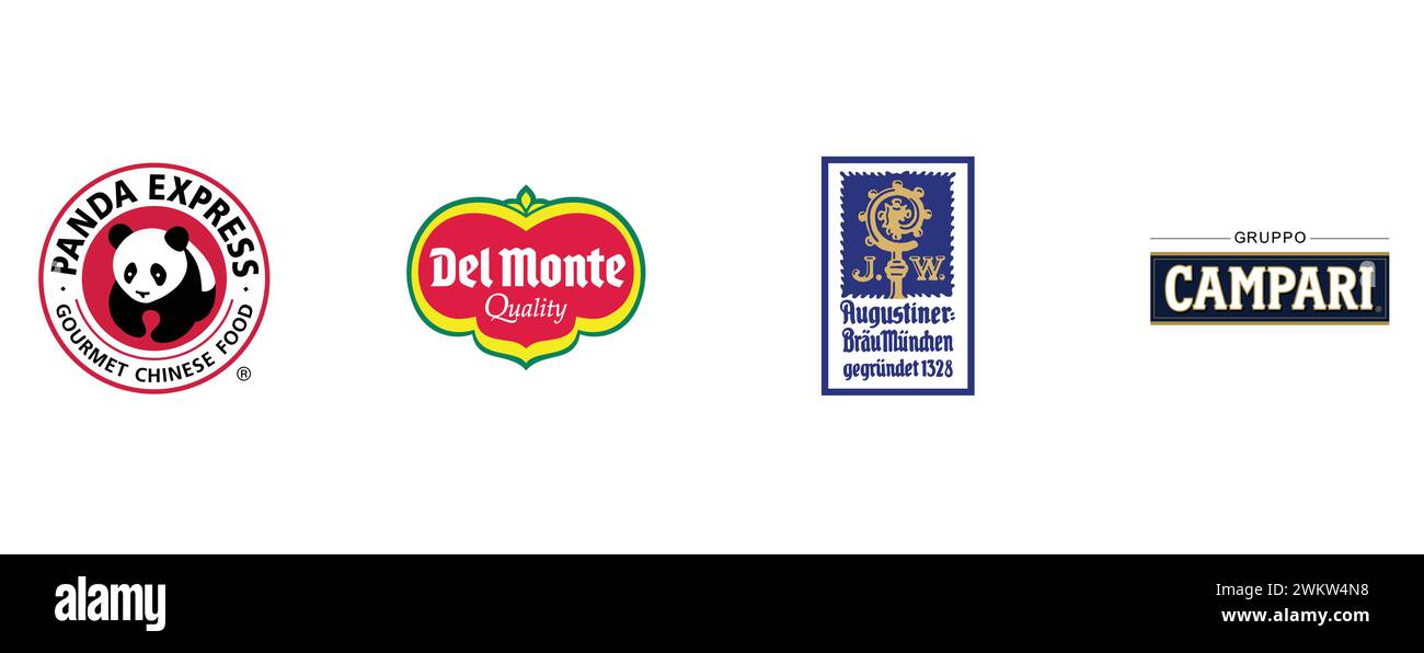 Augustiner Braeu Muenchen, Panda Express, Del Monte, Campari Group. Collection of top brand logo. Stock Vector