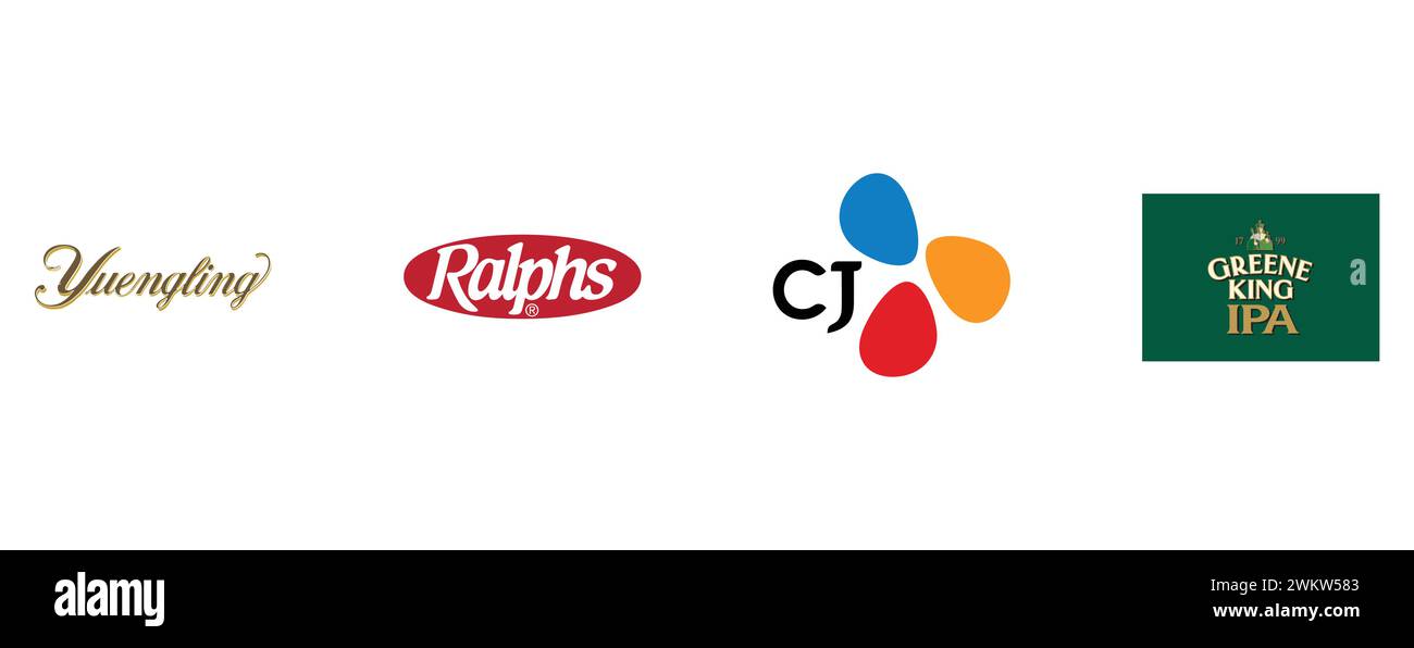 CJ, Ralphs, Greene King Ipa, Yuengling. Collection of top brand logo