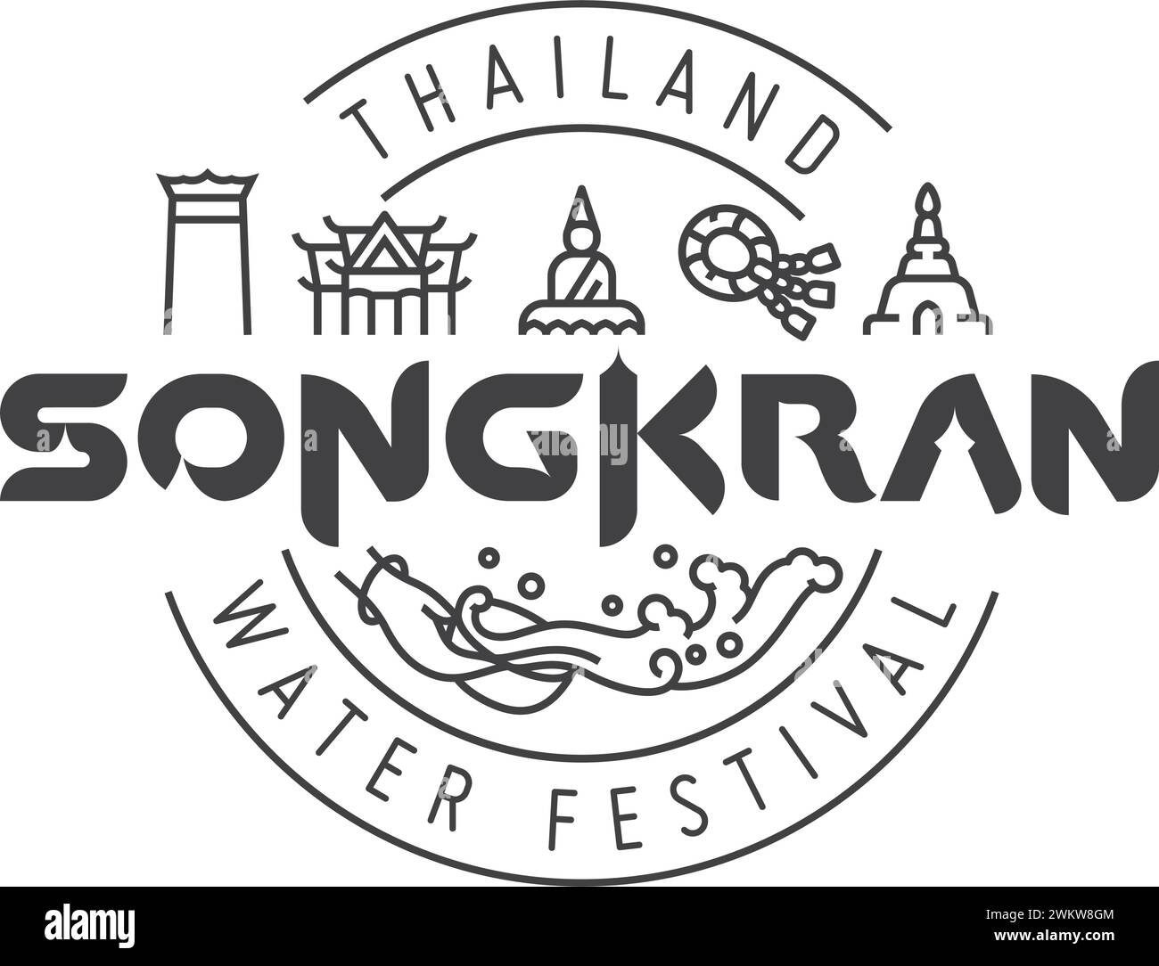 Songkran thailand water festival logotype and lettering design with linear icon of thai symbolic in round ornament for badge, decoration, logo, etc Stock Vector