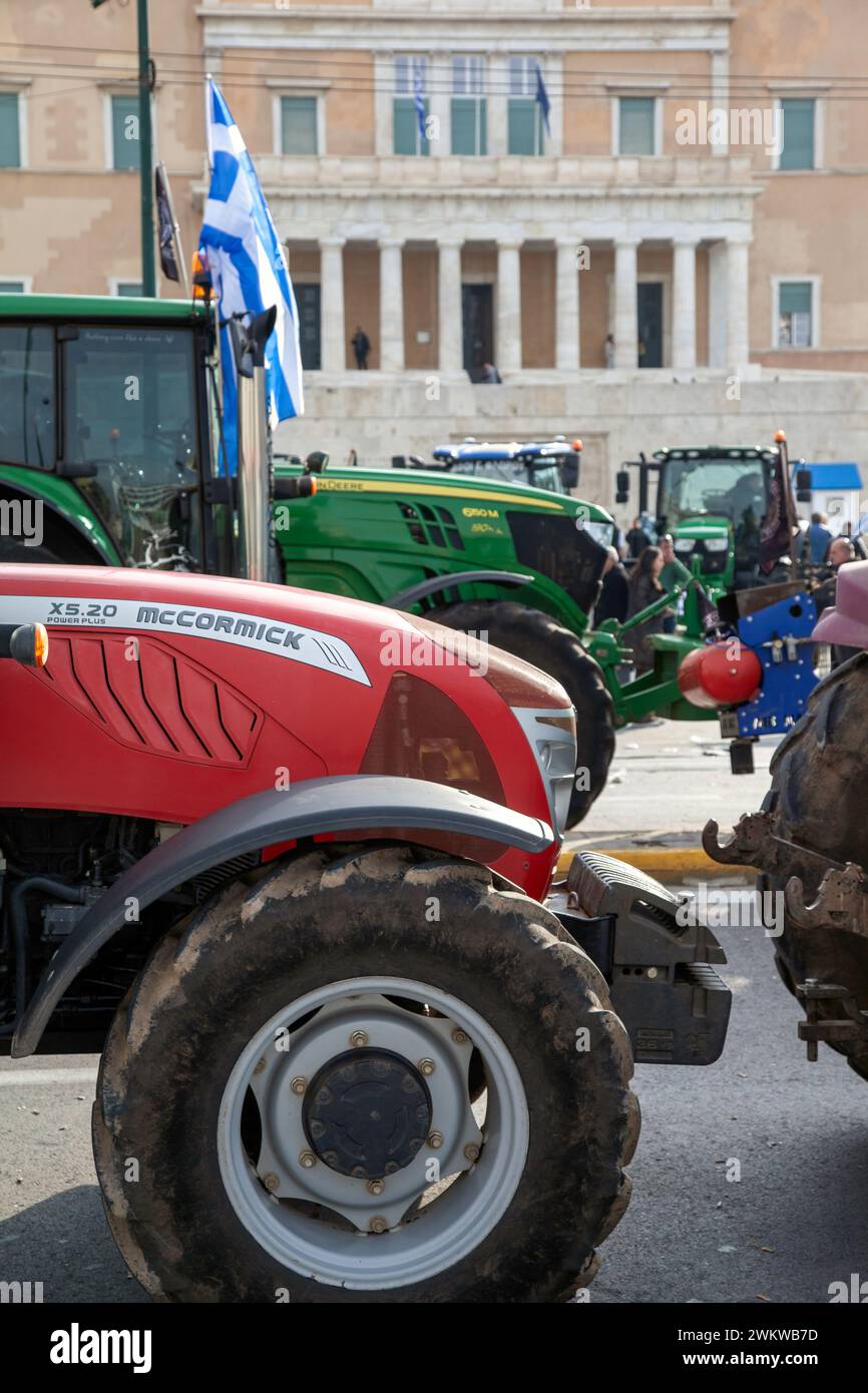 Tractors of Greek farmers block the street in front of the Greek Parliament, protesting against the actual crisis in the agricultural sector in Europe Stock Photo