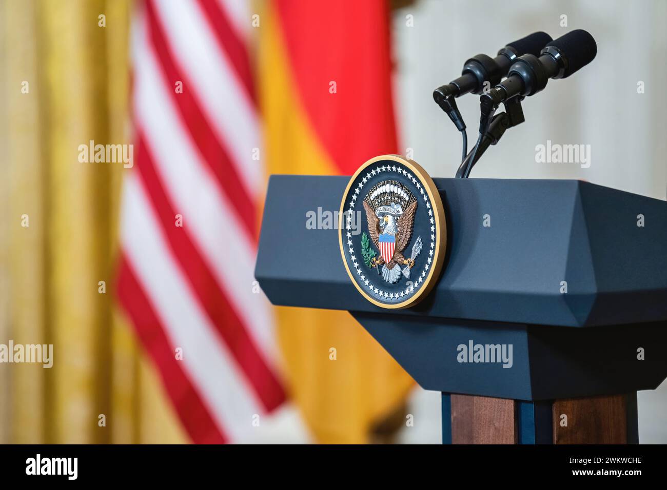 Washington DC, USA - February 7 2022: A close-up side view of the empty presidential podium with mic from with the president gives a speech Stock Photo