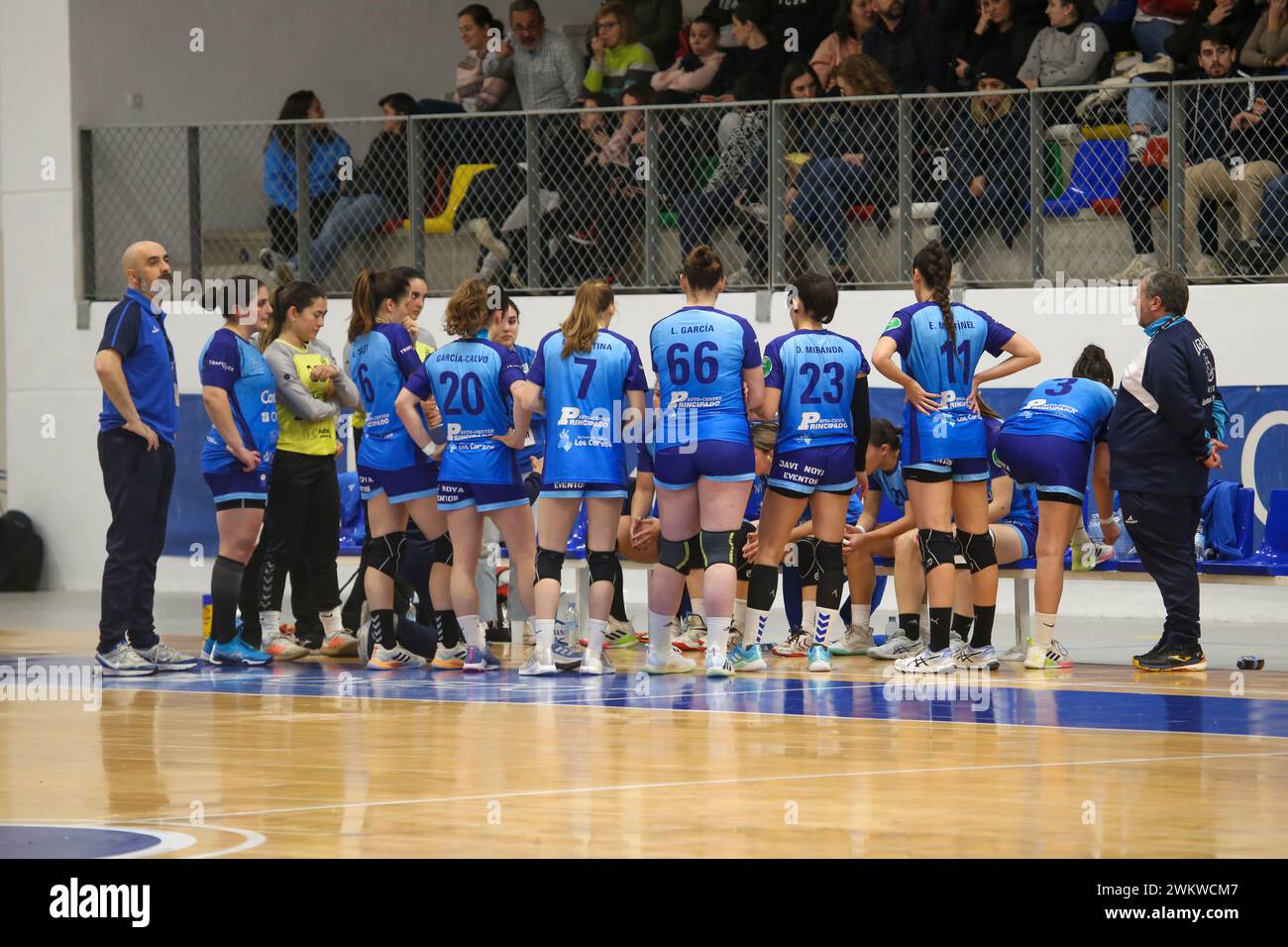 Oviedo, Spain, 22th February 2024: Lobas Global Atac Oviedo players receive instructions in a time-out during the 19th Matchday of the Liga Guerreras Iberdrola 2023-24 between Lobas Global Atac Oviedo and Replasa Beti-Onak, on February 22 of 2023, at the Florida Arena Municipal Sports Center, in Oviedo, Spain. Credit: Alberto Brevers / Alamy Live News. Stock Photo