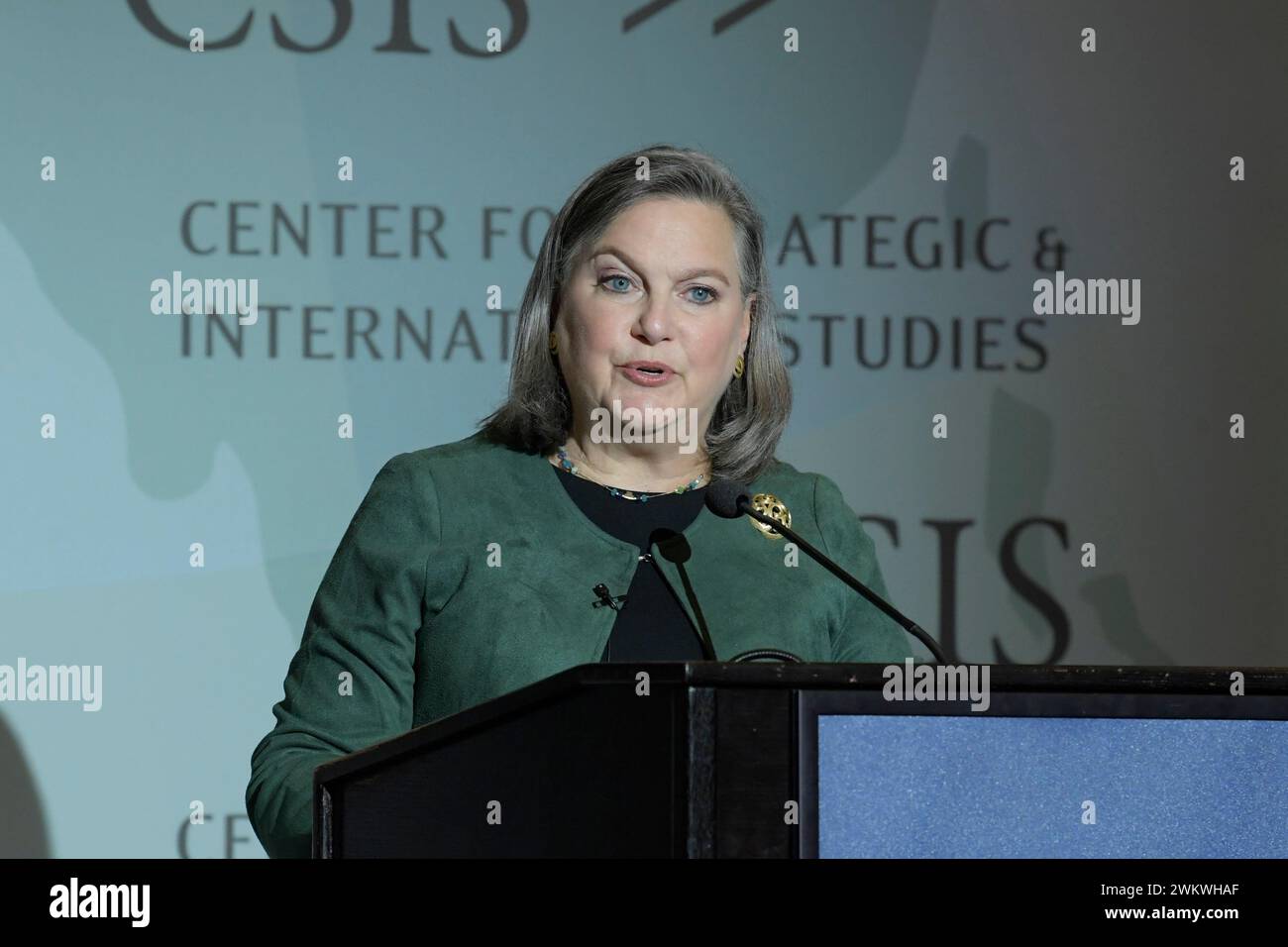 Washington, USA. 22nd Feb, 2024. Under Secretary of State Victoria Nuland delivers remarks about The Two-Year Anniversary of Russia's Full-Scale Invasion of Ukraine during a conversation, today on February 22, 2024 at CSIS/Think Tank in Washington DC, USA. (Photo by Lenin Nolly/Sipa USA) Credit: Sipa USA/Alamy Live News Stock Photo