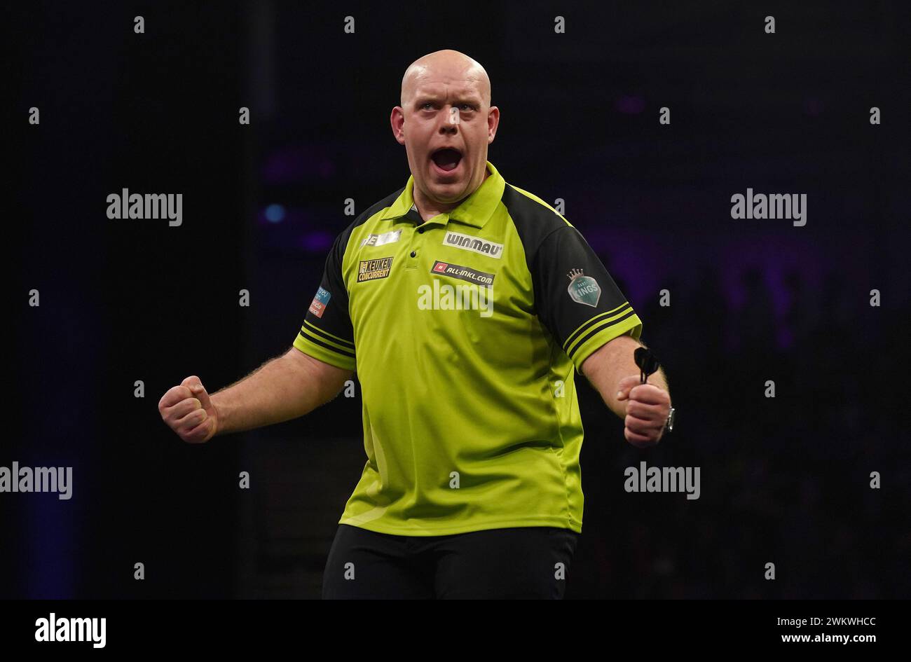 Michael van Gerwen celebrates victory against Luke Littler in the semi-final during night four of the 2024 BetMGM Premier League at the Utilita Arena Newcastle. Picture date: Thursday February 22, 2024. Stock Photo