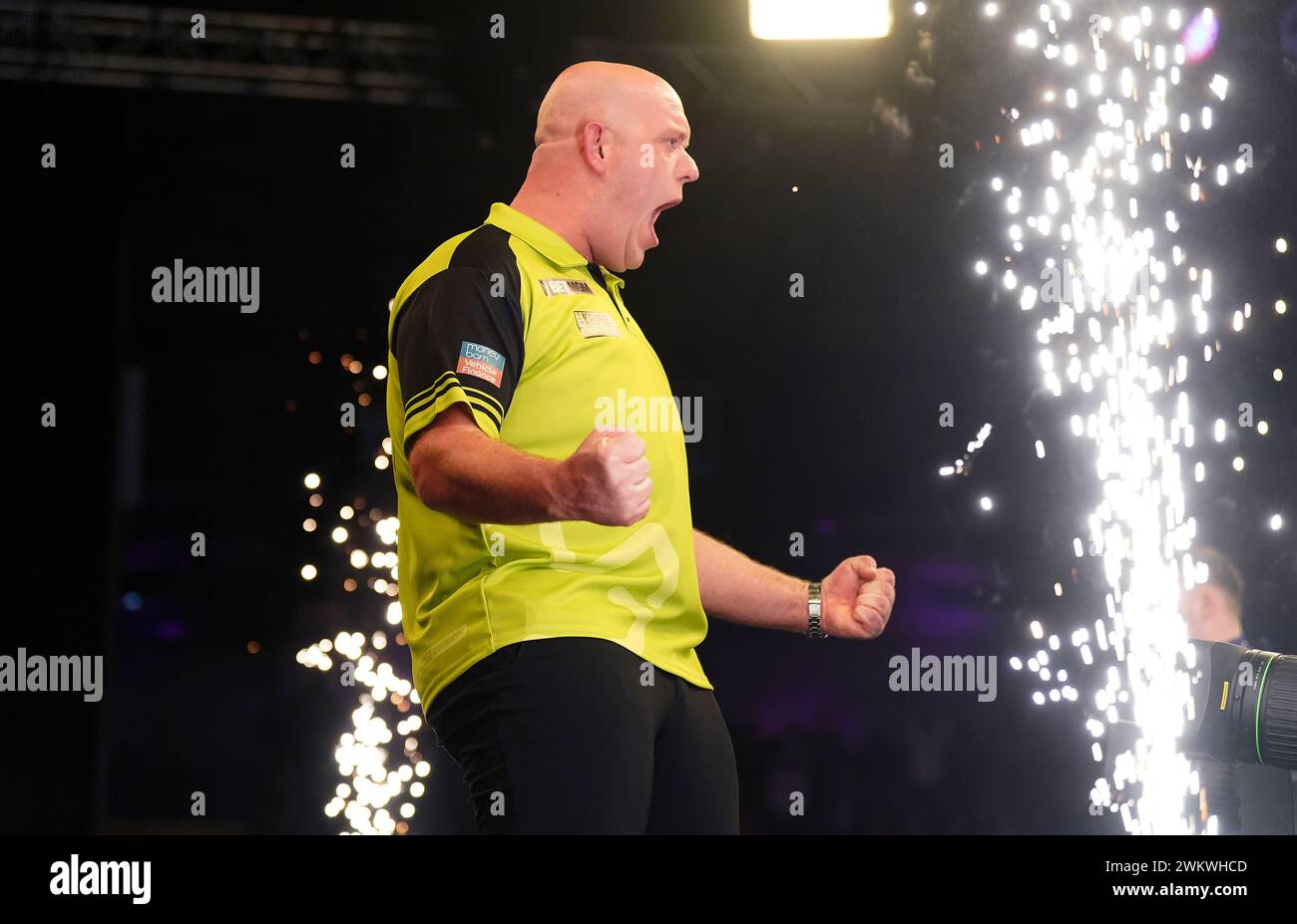 Michael van Gerwen celebrates victory against Luke Littler in the semi-final during night four of the 2024 BetMGM Premier League at the Utilita Arena Newcastle. Picture date: Thursday February 22, 2024. Stock Photo