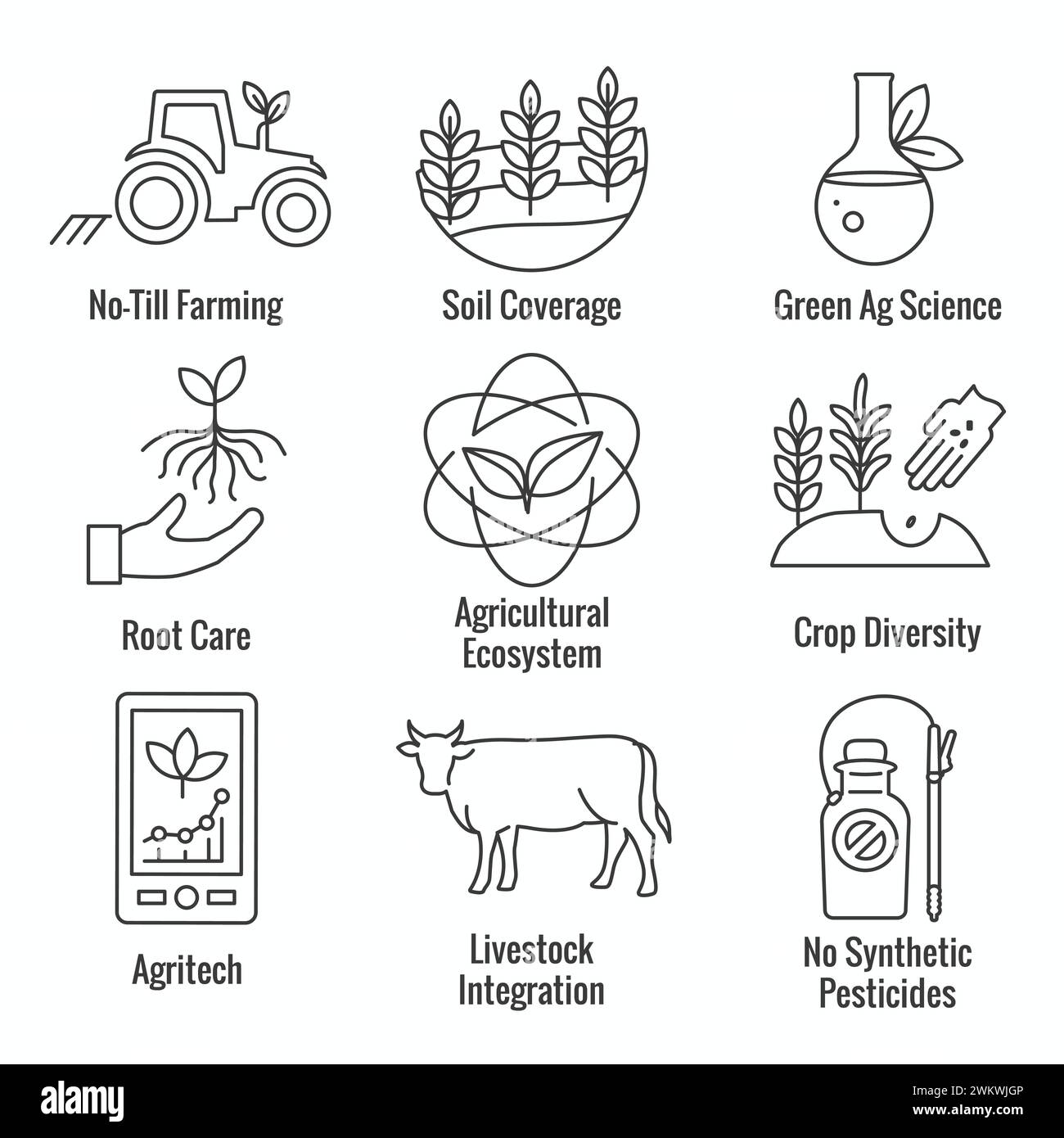 Sustainable Farming Icon Set with Maximizing Soil Coverage and Integrate Livestock-Examples for Regenerative Agriculture Icon Set Stock Vector