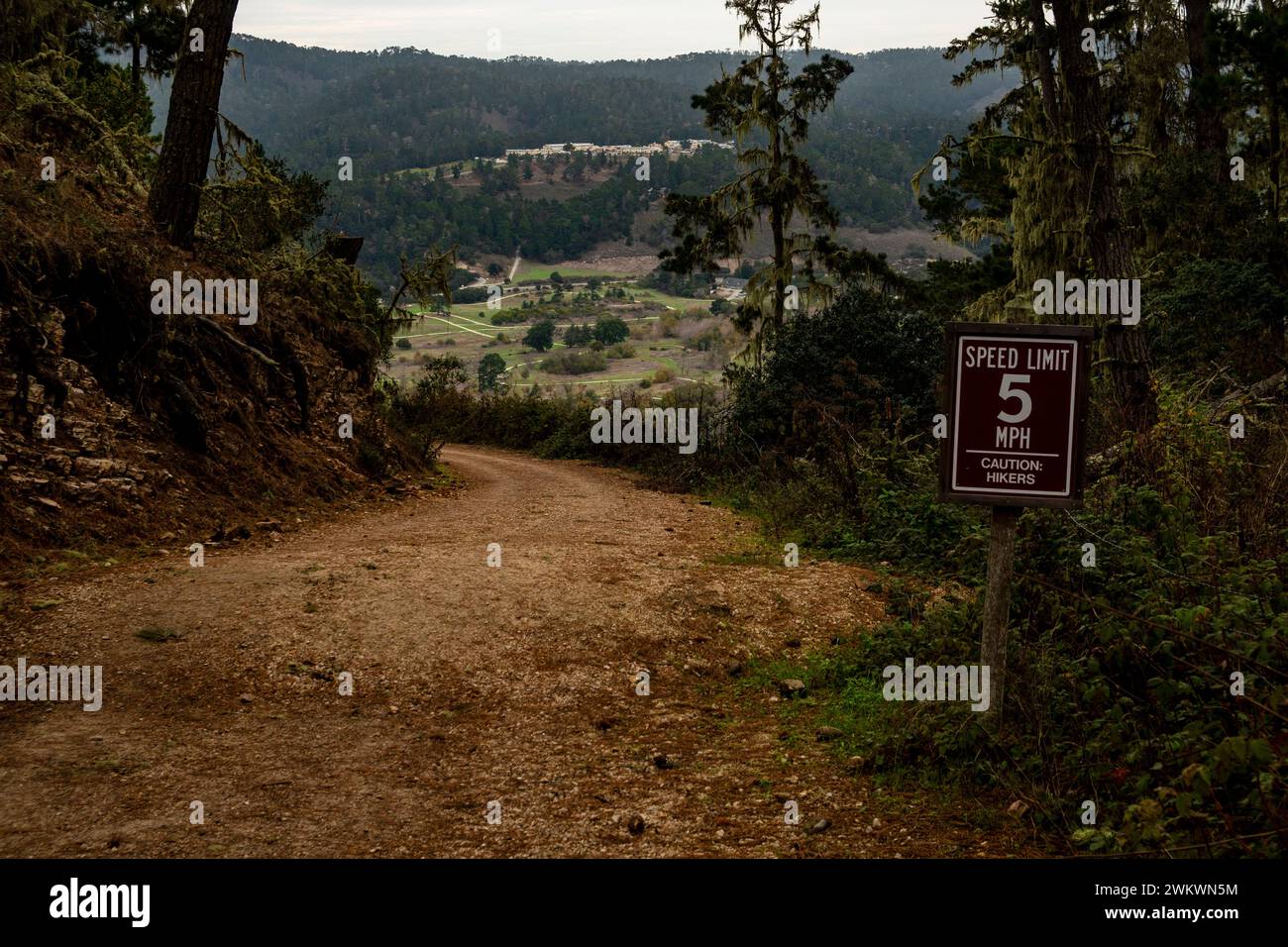 Downhill speedlimit on trail to Inspiration Point in Palo Corona Regional Park, Carmel Valley, California. Stock Photo