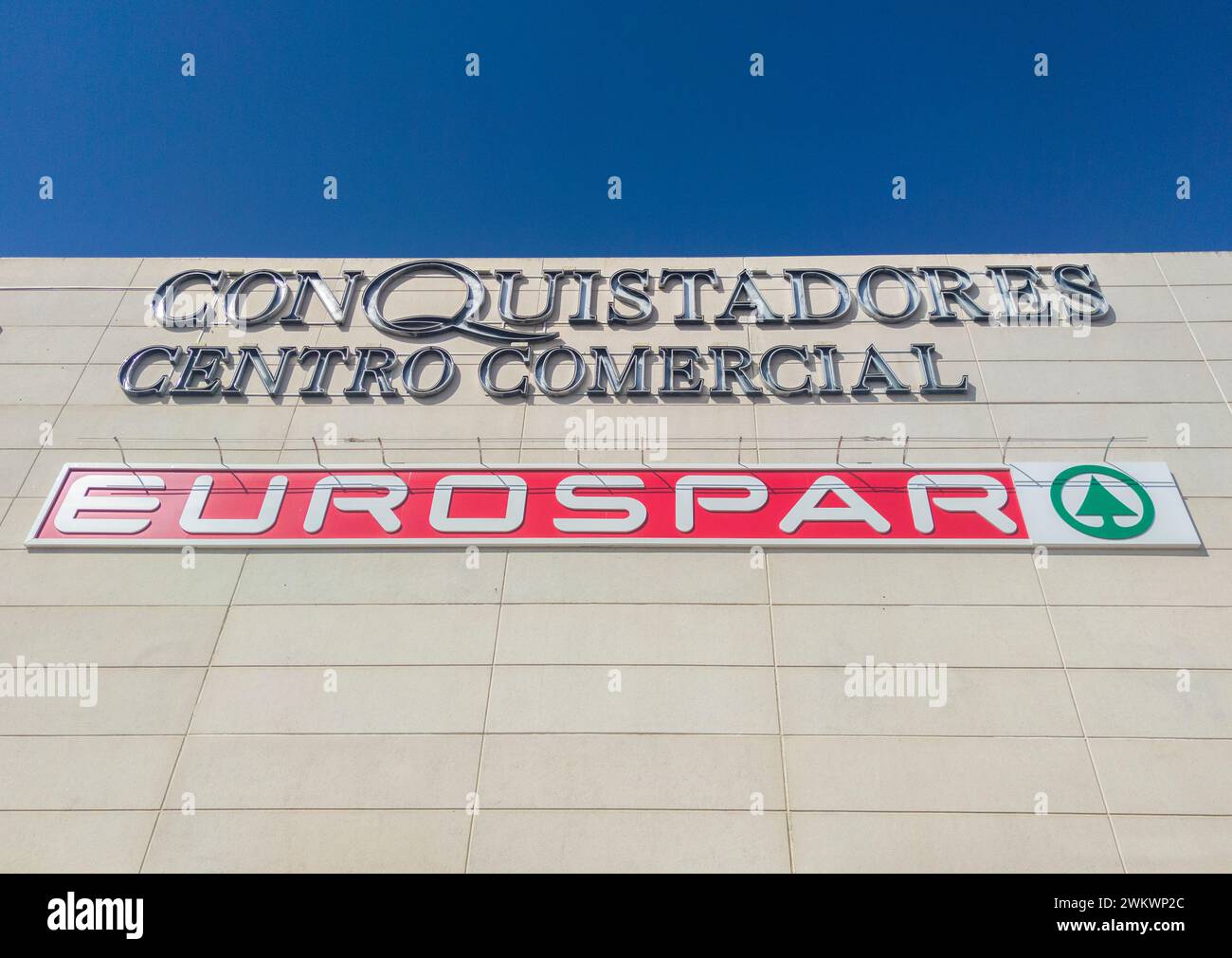 Badajoz, Spain - Sept 12th 2023. Eurospar sign marquee on top of Conquistadores Shopping Mall, Badajoz, Spain Stock Photo