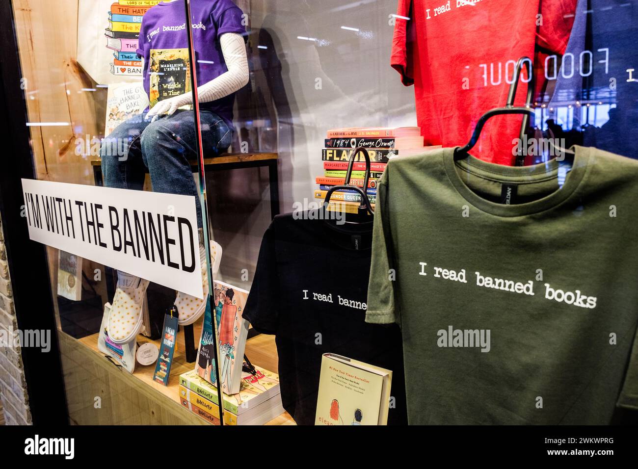 Display opposing the banning of books in the USA, at the Open Book bookstore in the Minneapolis-St. Paul International Airport (Minnesota). Stock Photo