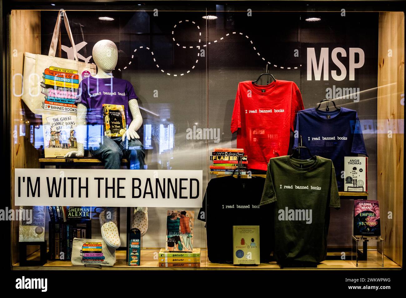 Display opposing the banning of books in the USA, at the Open Book bookstore in the Minneapolis-St. Paul International Airport (Minnesota). Stock Photo
