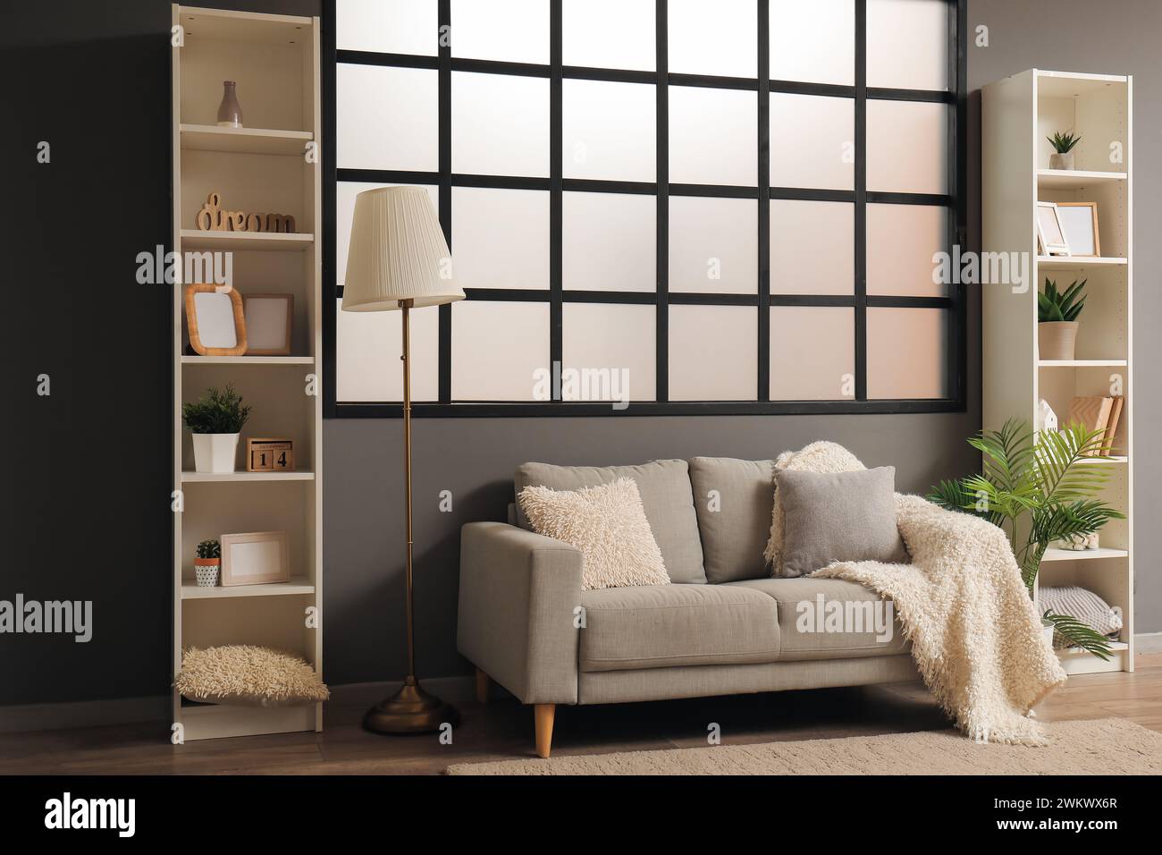 Stylish interior of modern living room with grey sofa Stock Photo - Alamy
