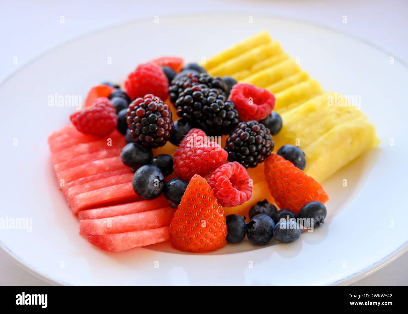 Fresh fruit plate at the Iguana Restaurant of luxury boutique hotel Cass Kimberly in Puerto Vallarta, Mexico. Stock Photo