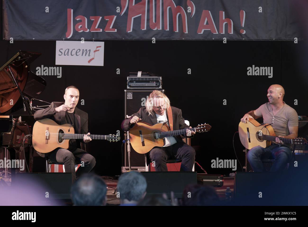 La Courneuve, France. 13th Sept, 2014. Louis Winsberg, Antonio el Titi  and Rocky Gresset perform on the 'Hum'Ah Jazz stage at the Fête de l'Humanité Stock Photo
