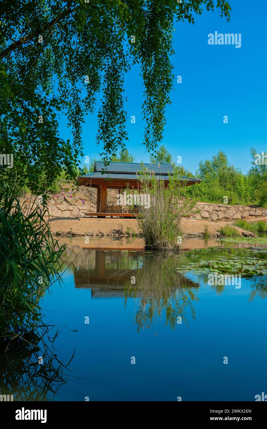 Gazebo in a Japanese park. Japanese tea house near a pond and willows ...