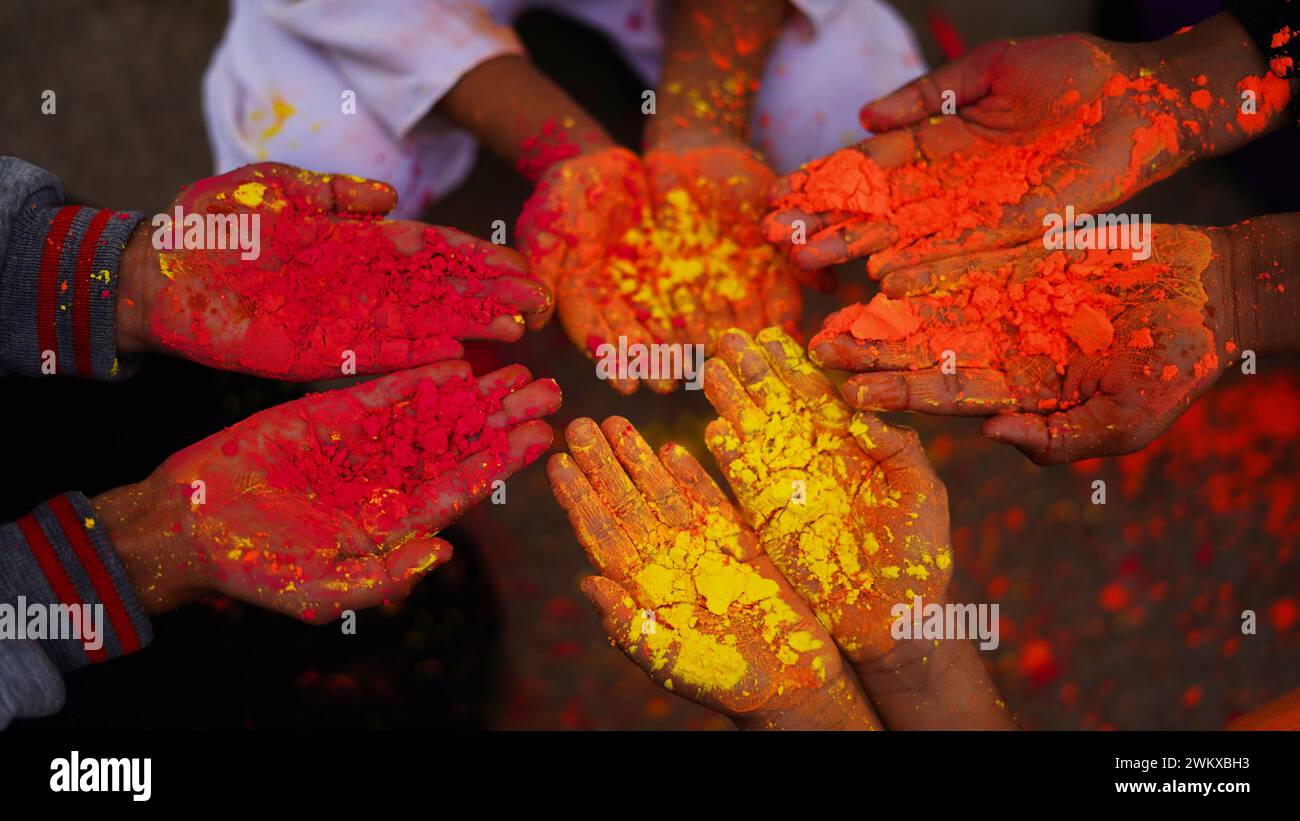 Indian Child Color Hand Happy Cute Smiling little Indian kids showing their colourful hands or ...