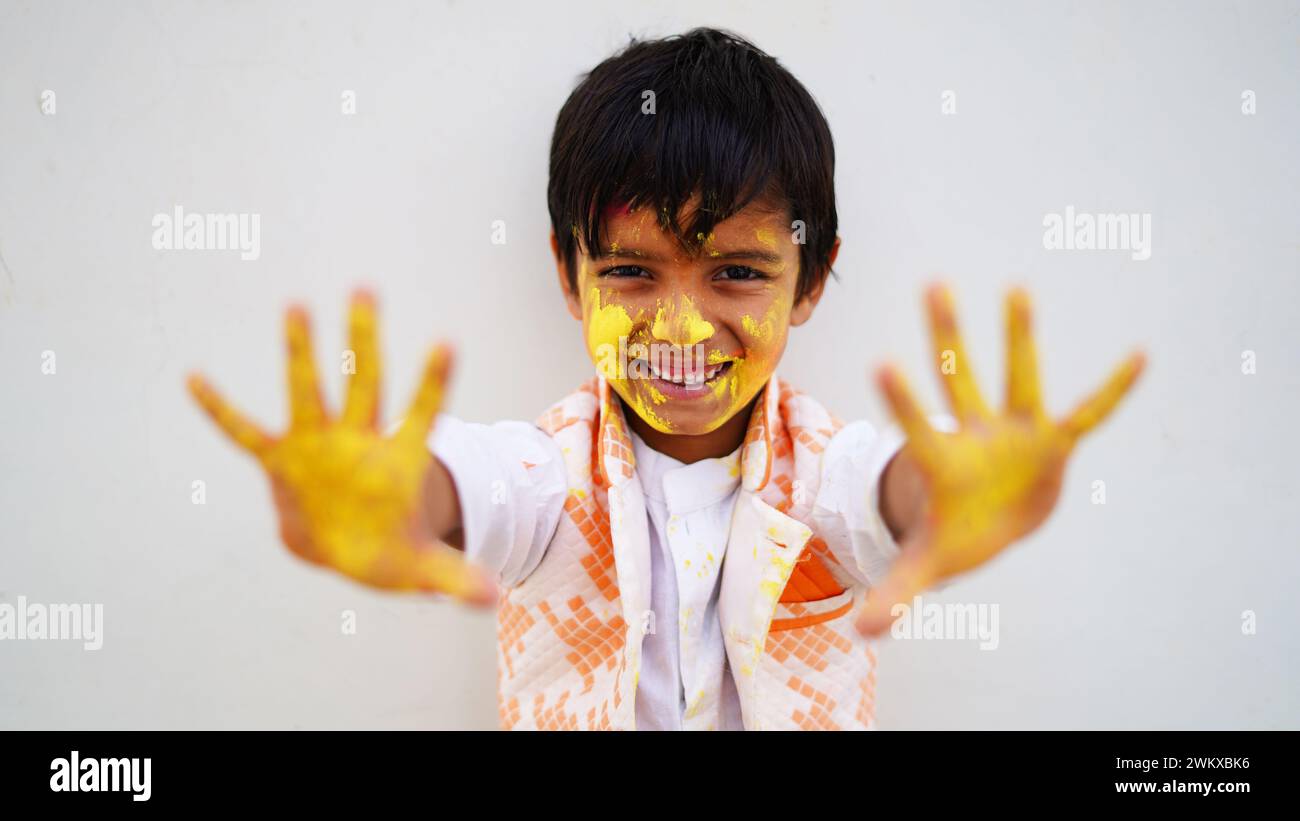 Indian Child Color Hand Happy Cute Smiling little Indian kids showing their colourful hands or ...