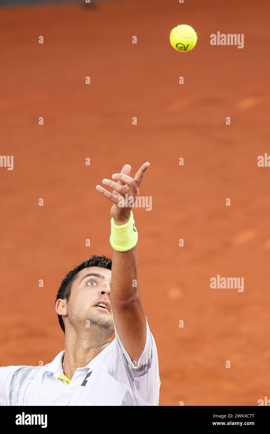 Rio De Janeiro, Brazil. 22nd Feb, 2024. Marcelo Tomas Barrios Vera of Chile serves during the round 16 match against Cameron Norrie of Britain at the 2024 ATP500 Rio Open at Jockey Club Brasileiro in Rio de Janeiro, Brazil, Feb. 22, 2024. Credit: Wang Tiancong/Xinhua/Alamy Live News Stock Photo