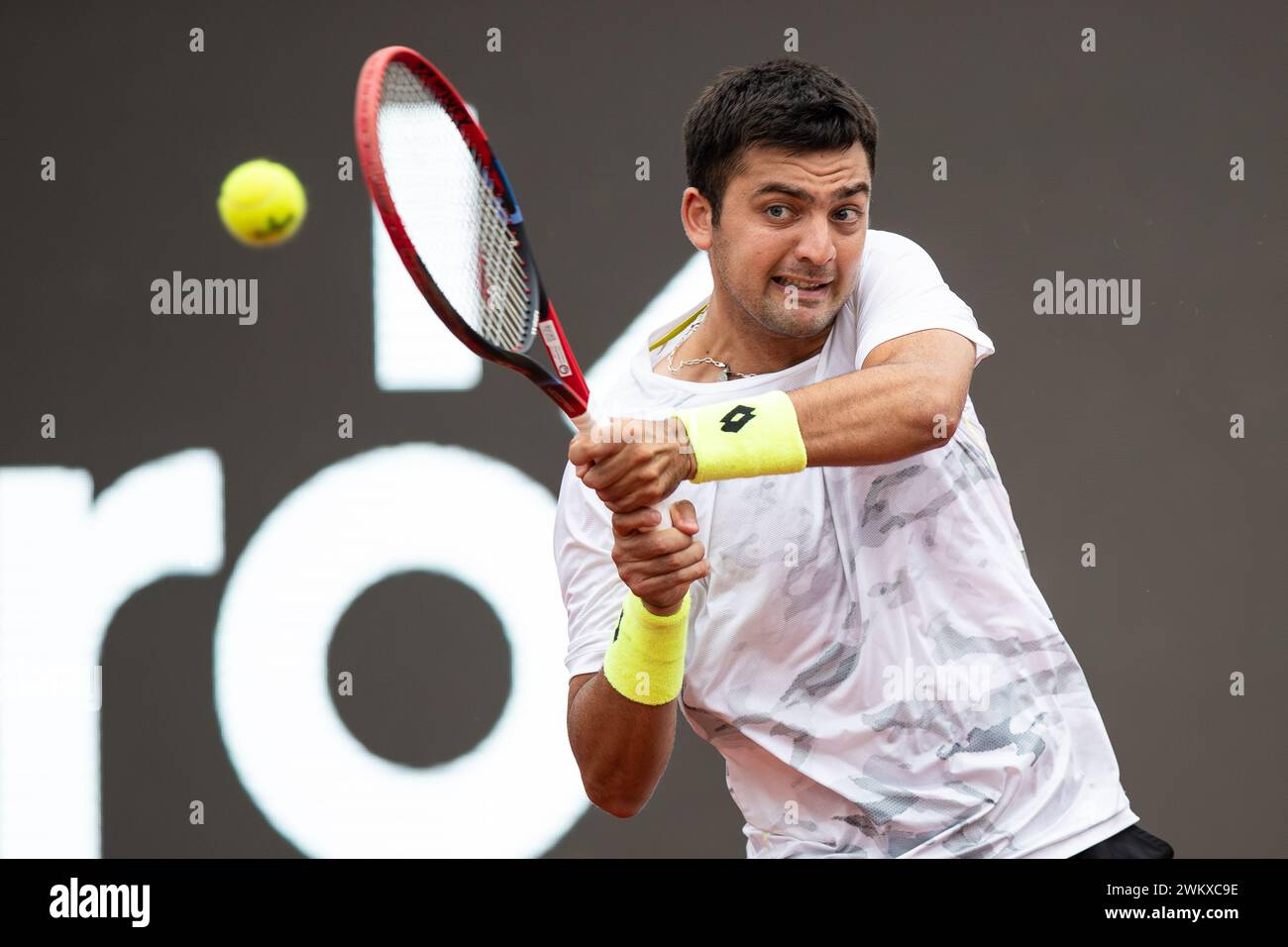 Rio De Janeiro, Brazil. 22nd Feb, 2024. Marcelo Tomas Barrios Vera of Chile hits a return during the round 16 match against Cameron Norrie of Britain at the 2024 ATP500 Rio Open at Jockey Club Brasileiro in Rio de Janeiro, Brazil, Feb. 22, 2024. Credit: Wang Tiancong/Xinhua/Alamy Live News Stock Photo