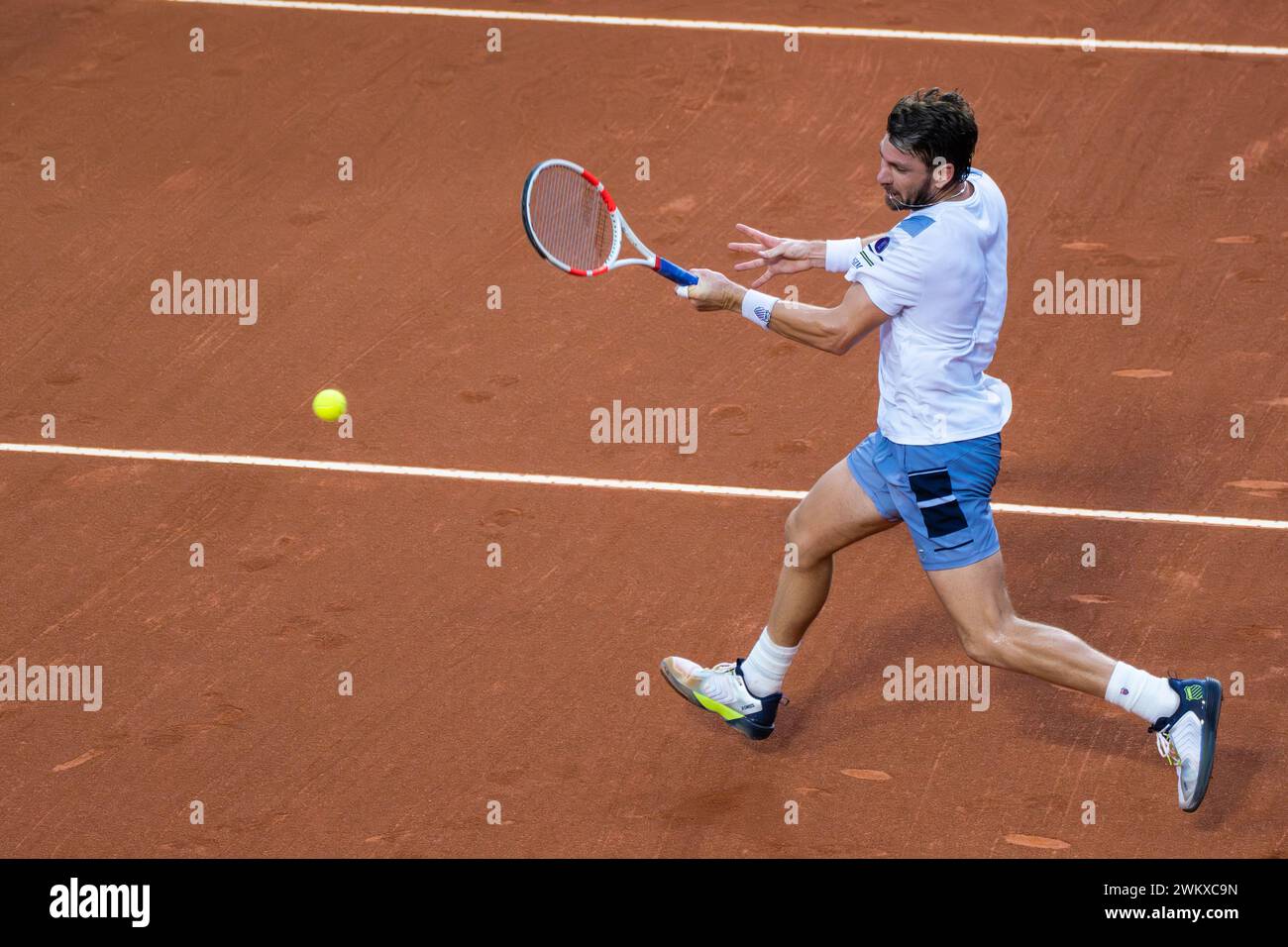 Rio De Janeiro, Brazil. 22nd Feb, 2024. Cameron Norrie of Britain hits a return during the round 16 match against Marcelo Tomas Barrios Vera of Chile at the 2024 ATP500 Rio Open at Jockey Club Brasileiro in Rio de Janeiro, Brazil, Feb. 22, 2024. Credit: Wang Tiancong/Xinhua/Alamy Live News Stock Photo