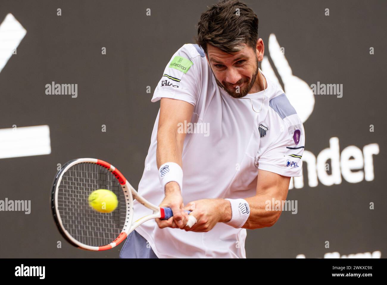 Rio De Janeiro, Brazil. 22nd Feb, 2024. Cameron Norrie of Britain hits a return during the round 16 match against Marcelo Tomas Barrios Vera of Chile at the 2024 ATP500 Rio Open at Jockey Club Brasileiro in Rio de Janeiro, Brazil, Feb. 22, 2024. Credit: Wang Tiancong/Xinhua/Alamy Live News Stock Photo