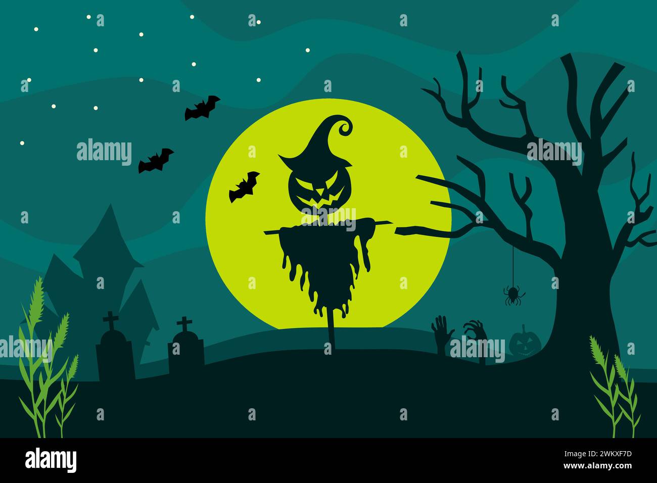 Halloween full moon night background with the Scarecrow pumpkin, dark castle, tombstone, and bats. Vector illustration. Stock Vector