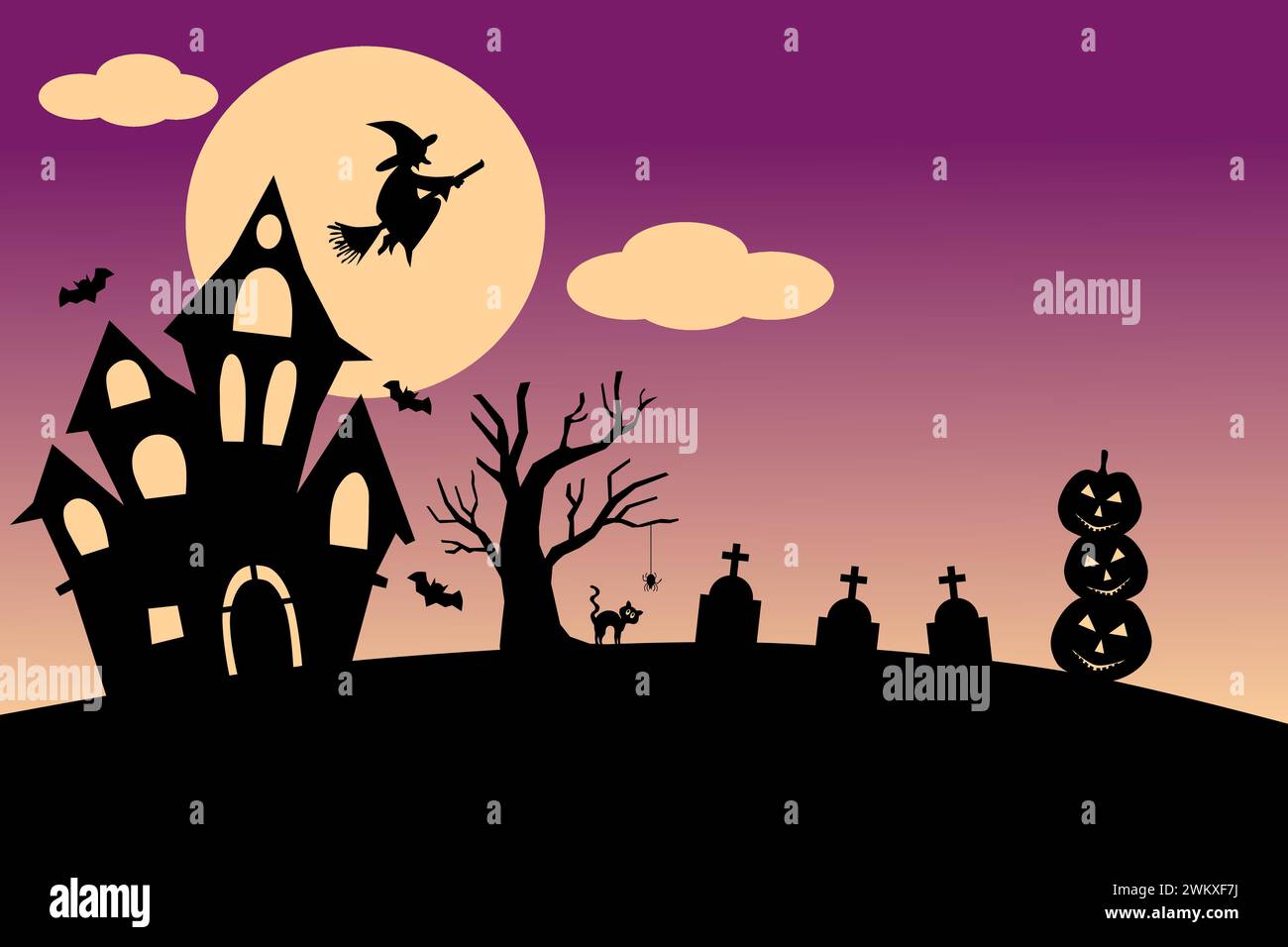 Halloween full moon night background, dark castle, pumpkins, tombstone, witch, and bats. Vector illustration. Stock Vector