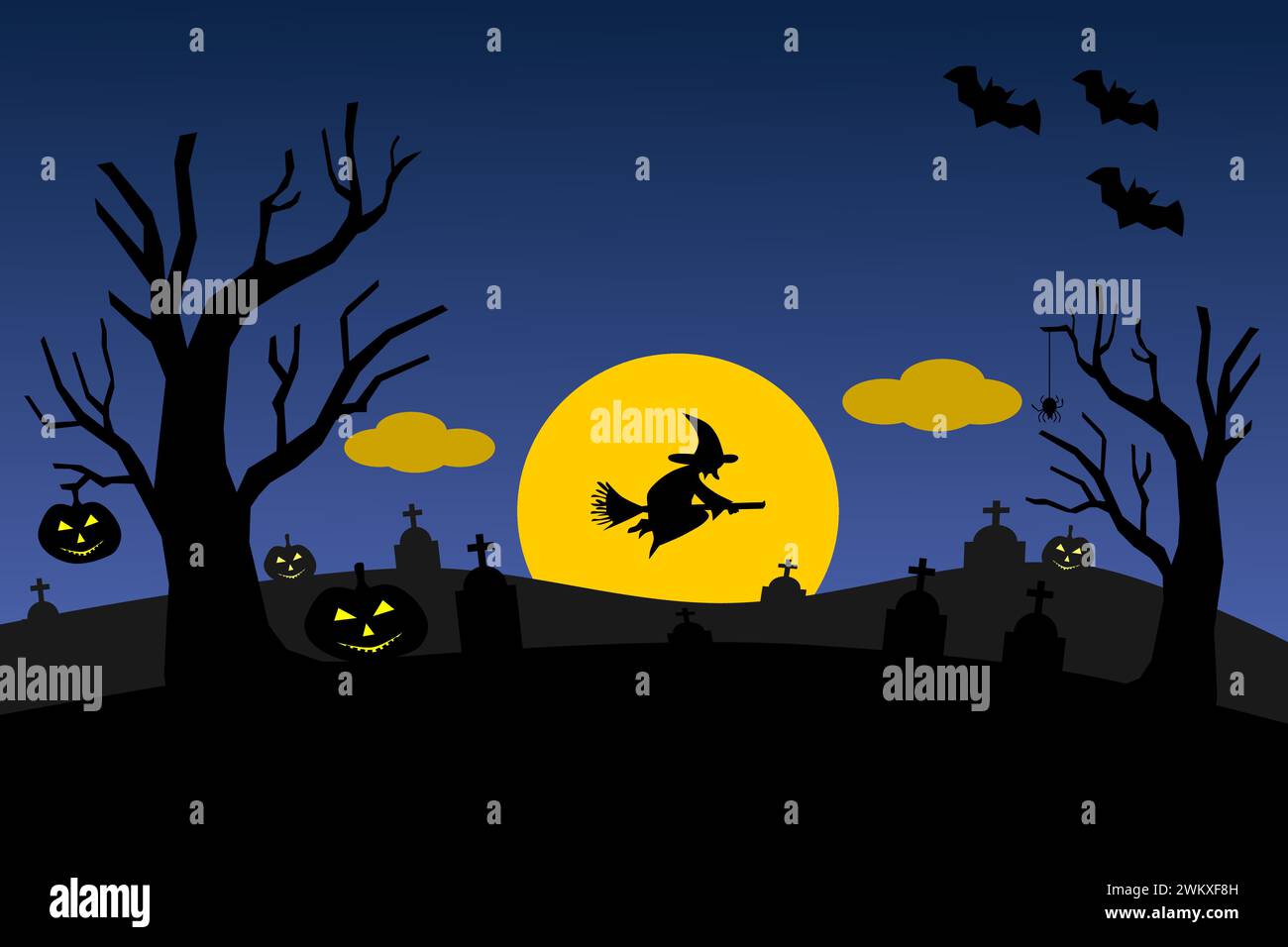 Halloween blue night background, pumpkins, tombstone, witch, and bats. Vector illustration. Stock Vector