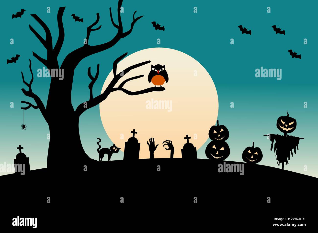 Halloween full moon night background, owl, scarecrow pumpkins, tombstone, and bats. Vector illustration. Stock Vector