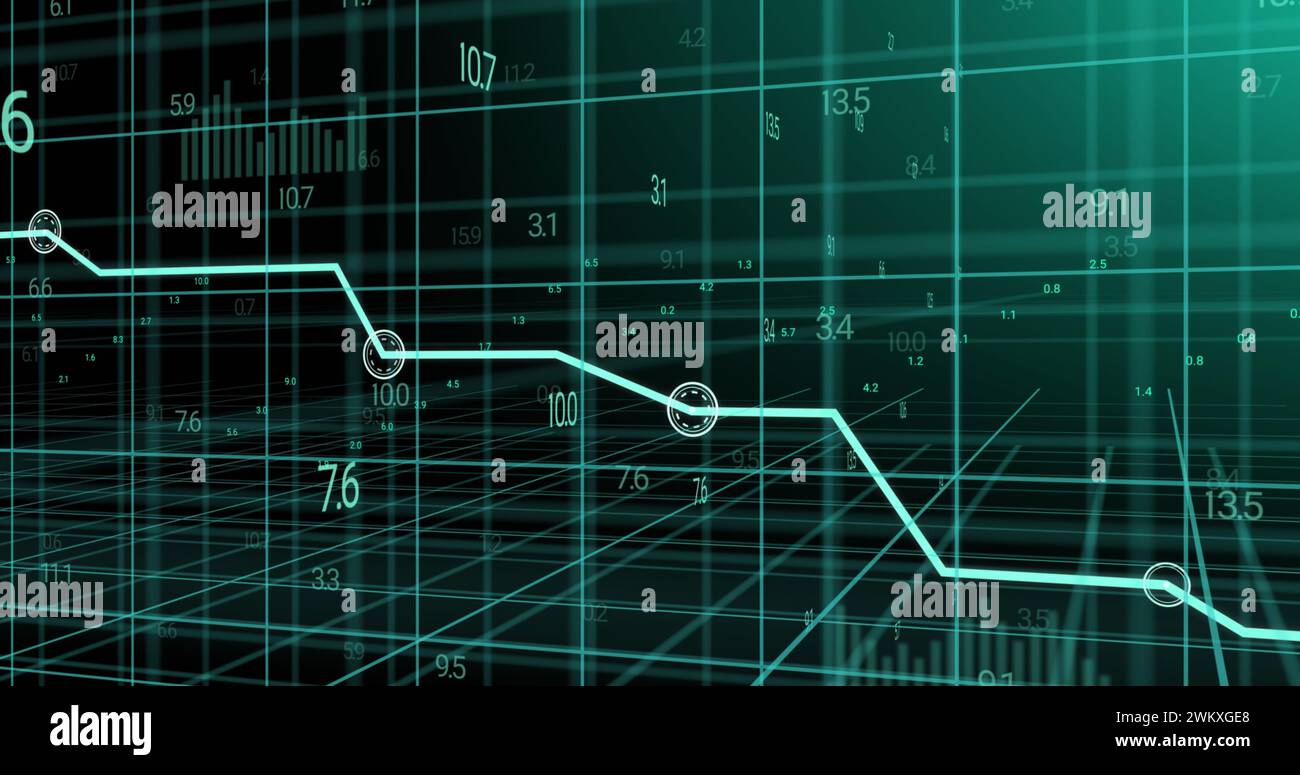 Image of blue graph and data processing over 3d grid Stock Photo - Alamy