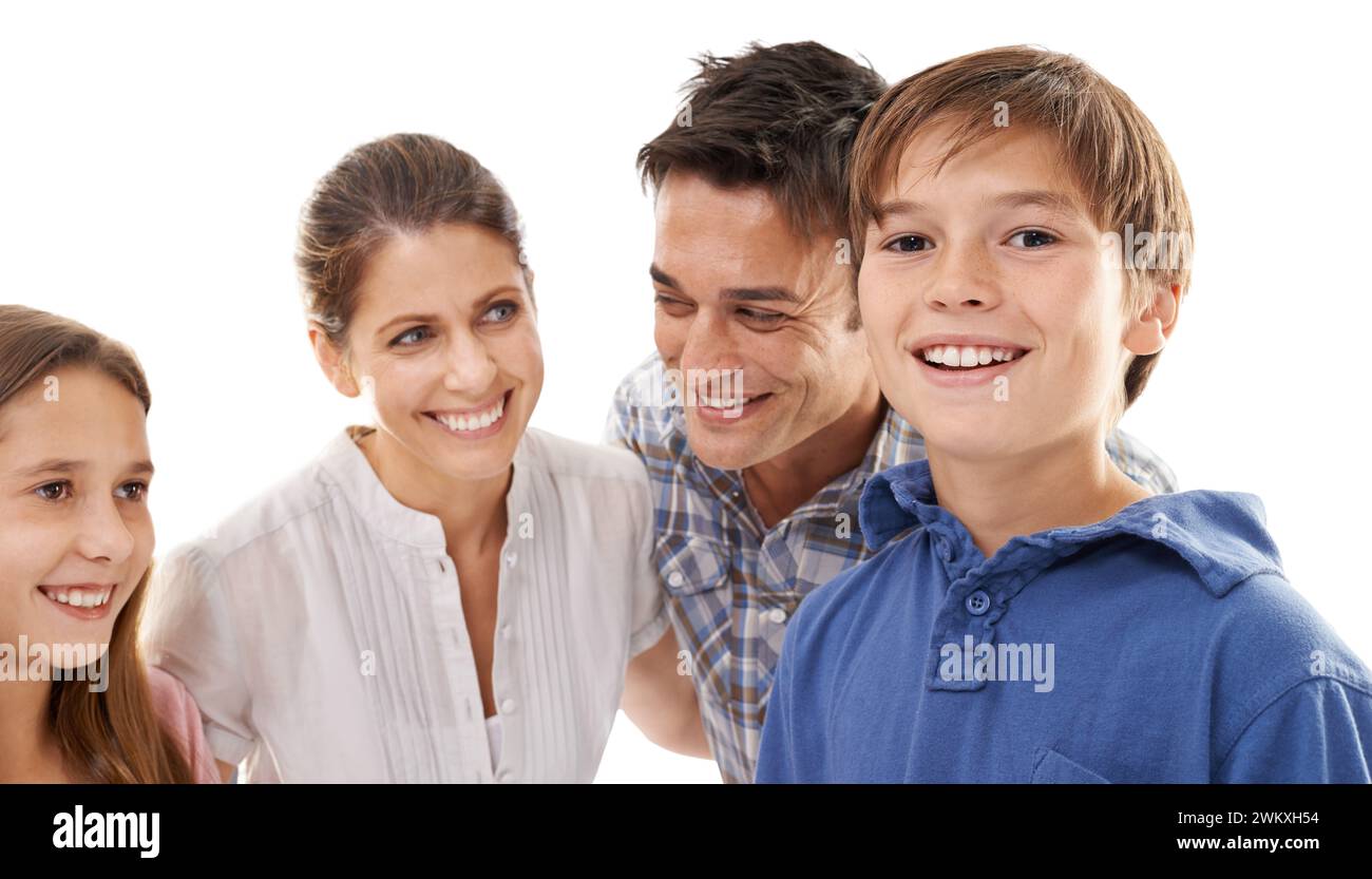Portrait of mom, dad and children on a white background for bonding ...