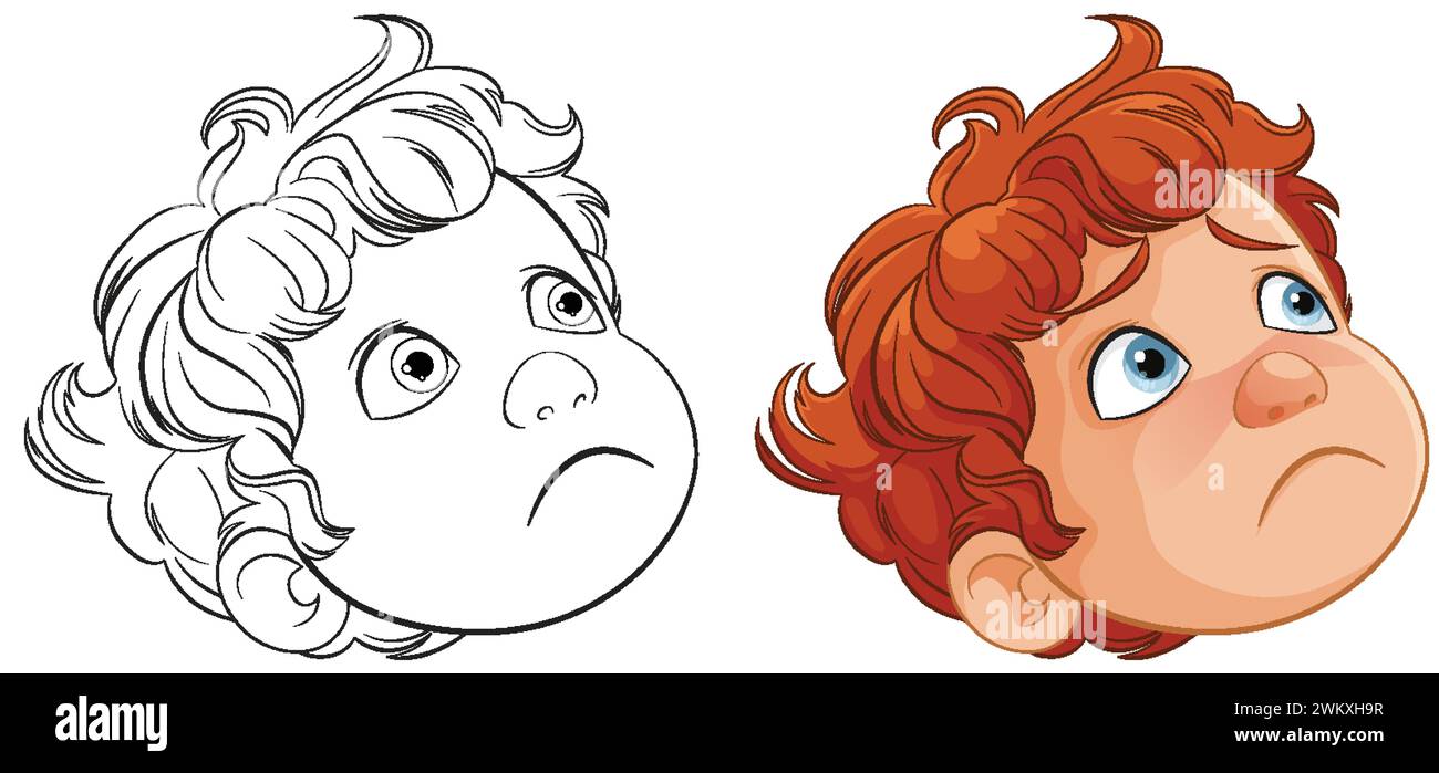 Two stages of a child's face, from sketch to color. Stock Vector