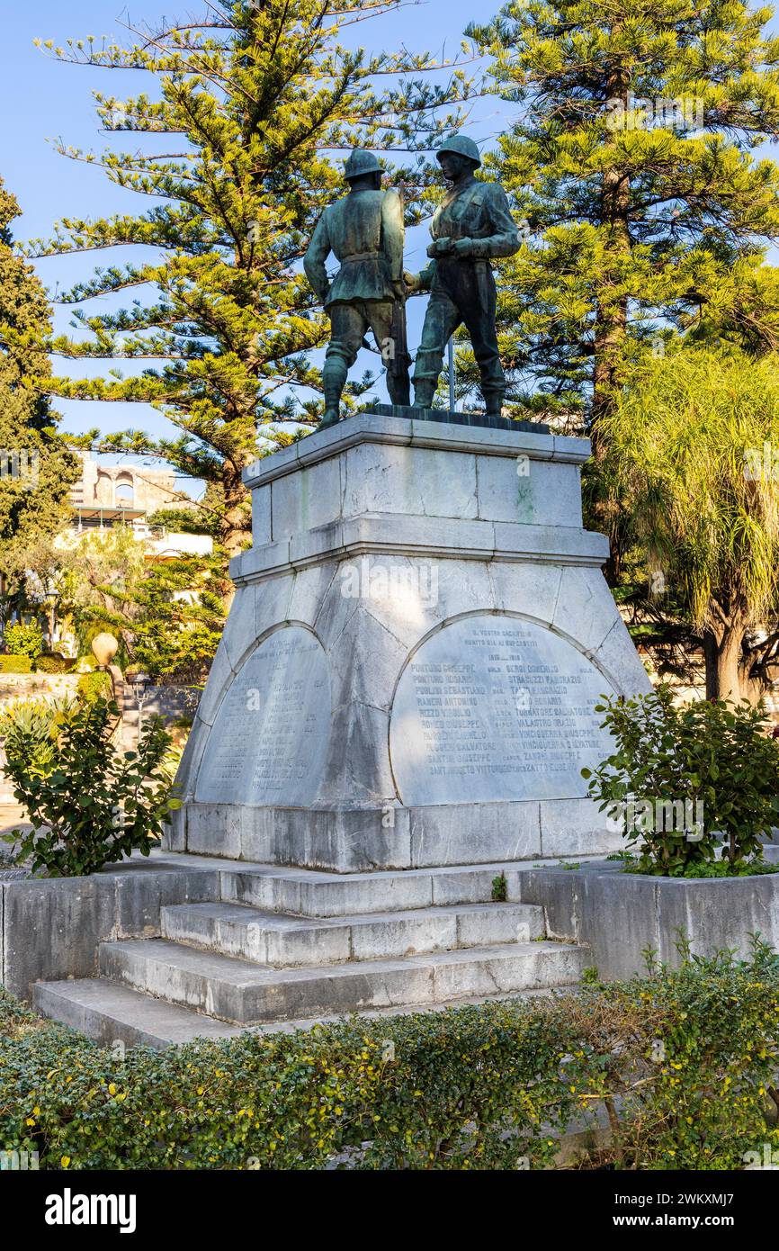Taormina, Sicily, Italy - February 15, 2023: Monument to the Fallen of the World Wars Monumento ai Caduti in Villa Comunale Taormina Parco Florence Stock Photo