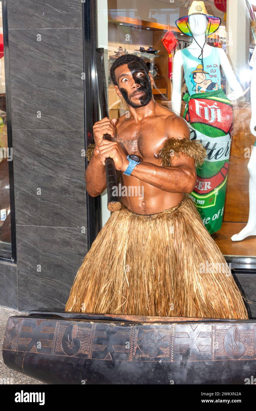 Fijian warrior outside tourist shop, Renwick Road, Suva, Viti Levu, Republic of Fiji Stock Photo