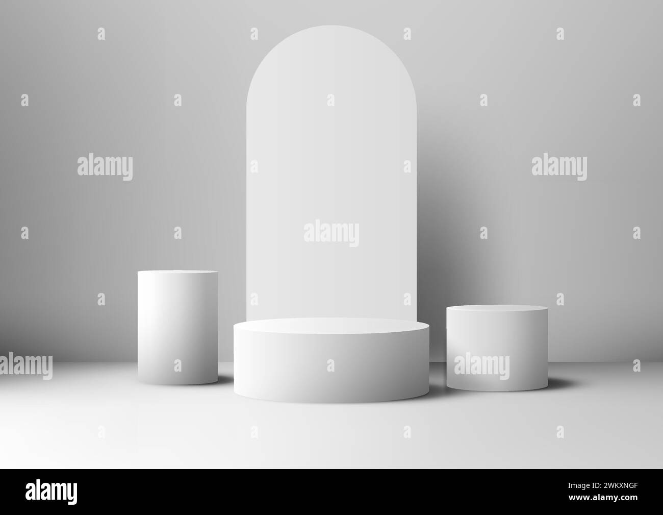 3D white geometric product display with three cylinder pedestals on a white platform and background. Retail mockup. Vector illustration Stock Vector