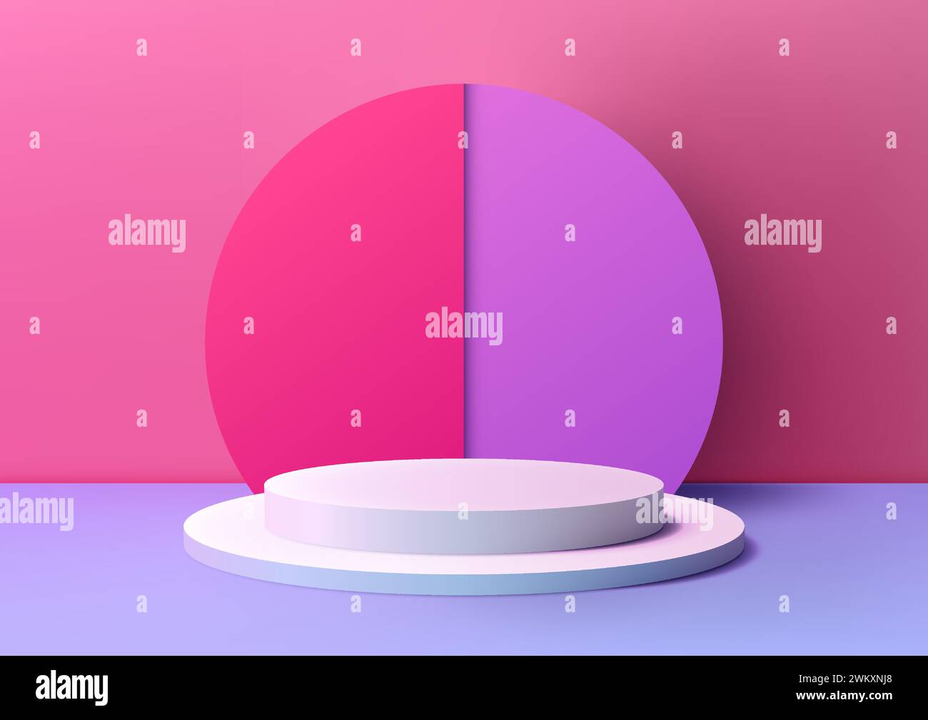Abstract 3D white podium with circle backdrop on purple floor in pink ...