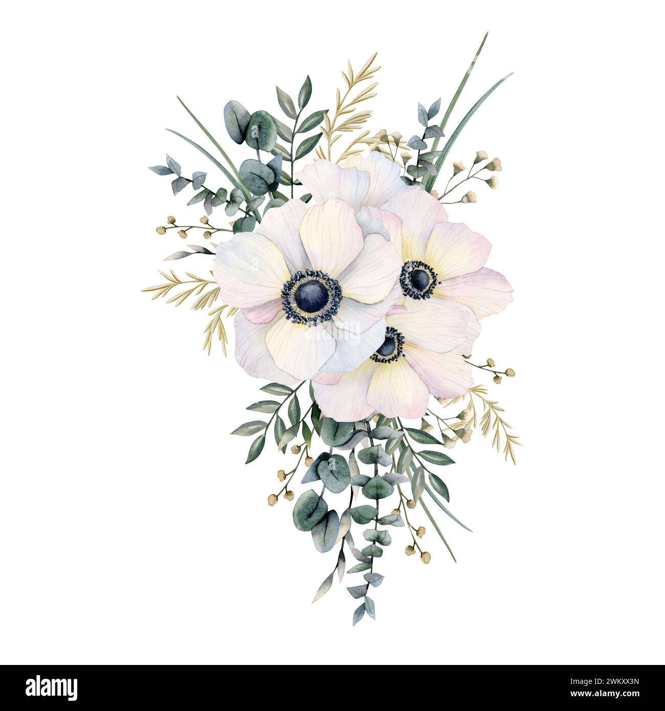 White anemones bouquet triangle composition with field poppies flowers, eucalyptus and grass watercolor illustration Stock Photo