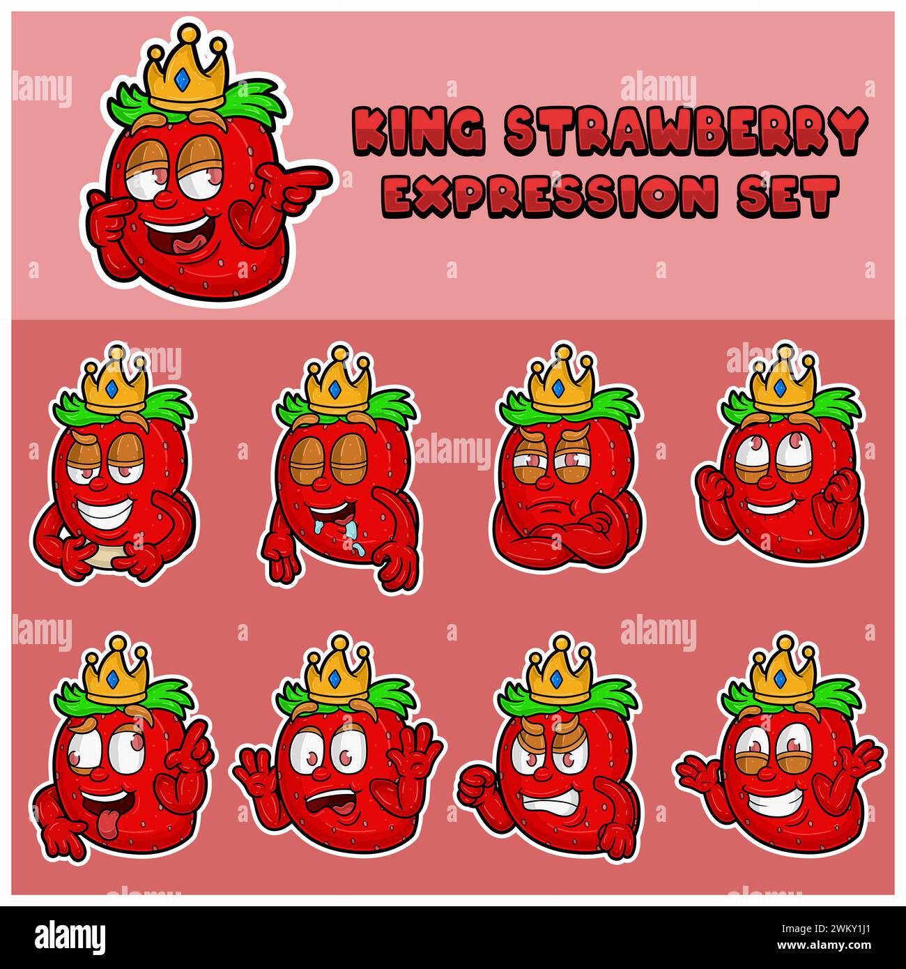 Mascot Character Cartoon of King Strawberry Expression Set With Crown ...