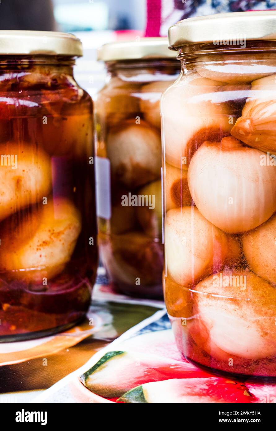 Jars of Artisan pickled onions on sale at Waddesdon Manor Artisan market. Stock Photo