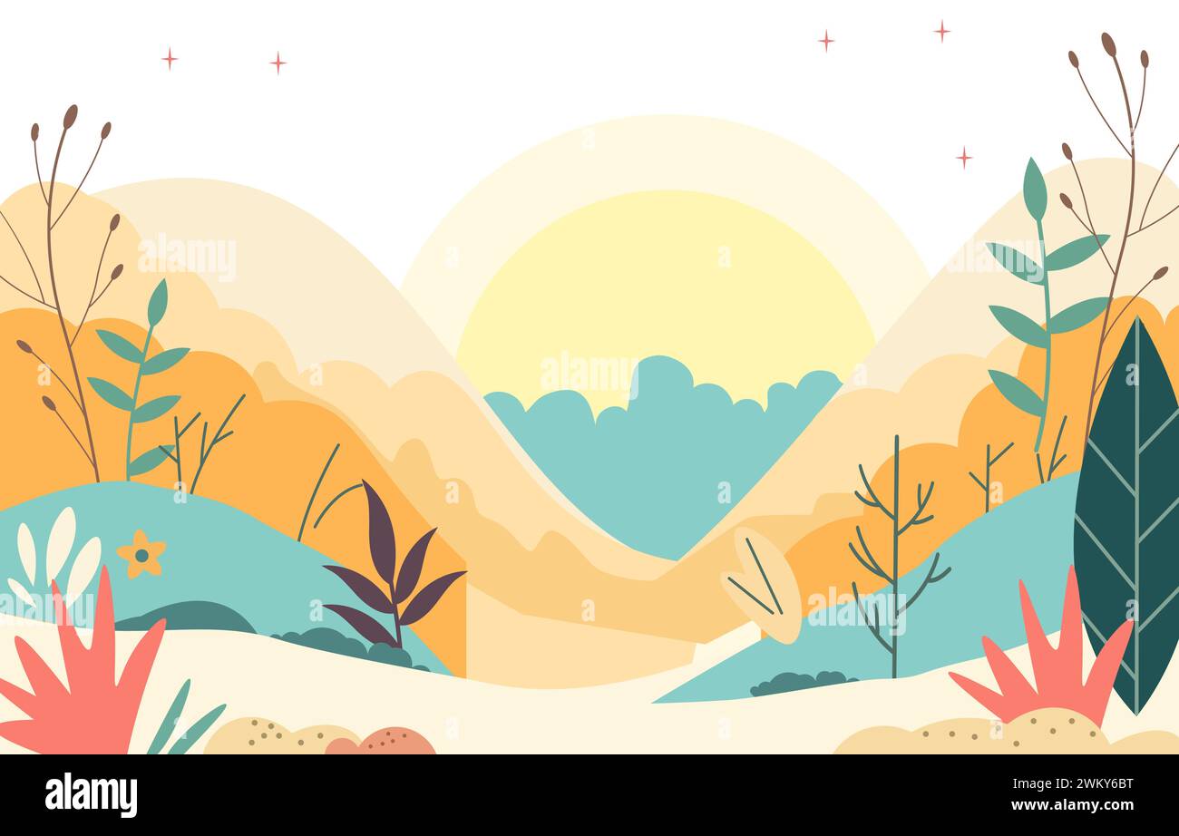 Flat Design Illustration of Big Sun in Summer with Foliage Plants Stock Vector