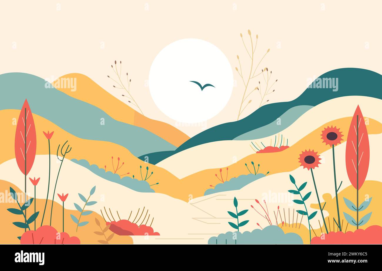 Flat Design Illustration of Beautiful Colorful Hills with Flowering Plant in Summer Stock Vector