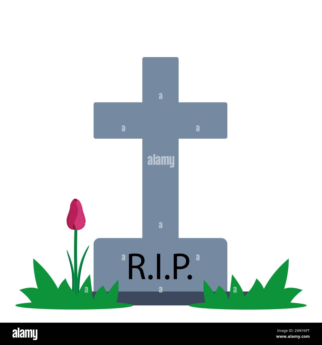 Gravestone with grass on ground. Old tombstone on grave with text RIP. Vector illustration Stock Vector