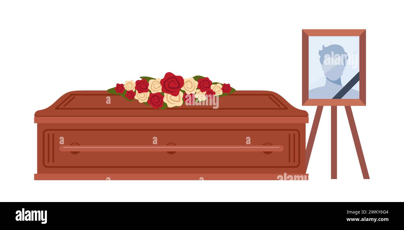 Dead young man coffin and photo. Funeral ceremony. Ritual service. Male picture and flowers wreath on coffin. Vector illustration Stock Vector